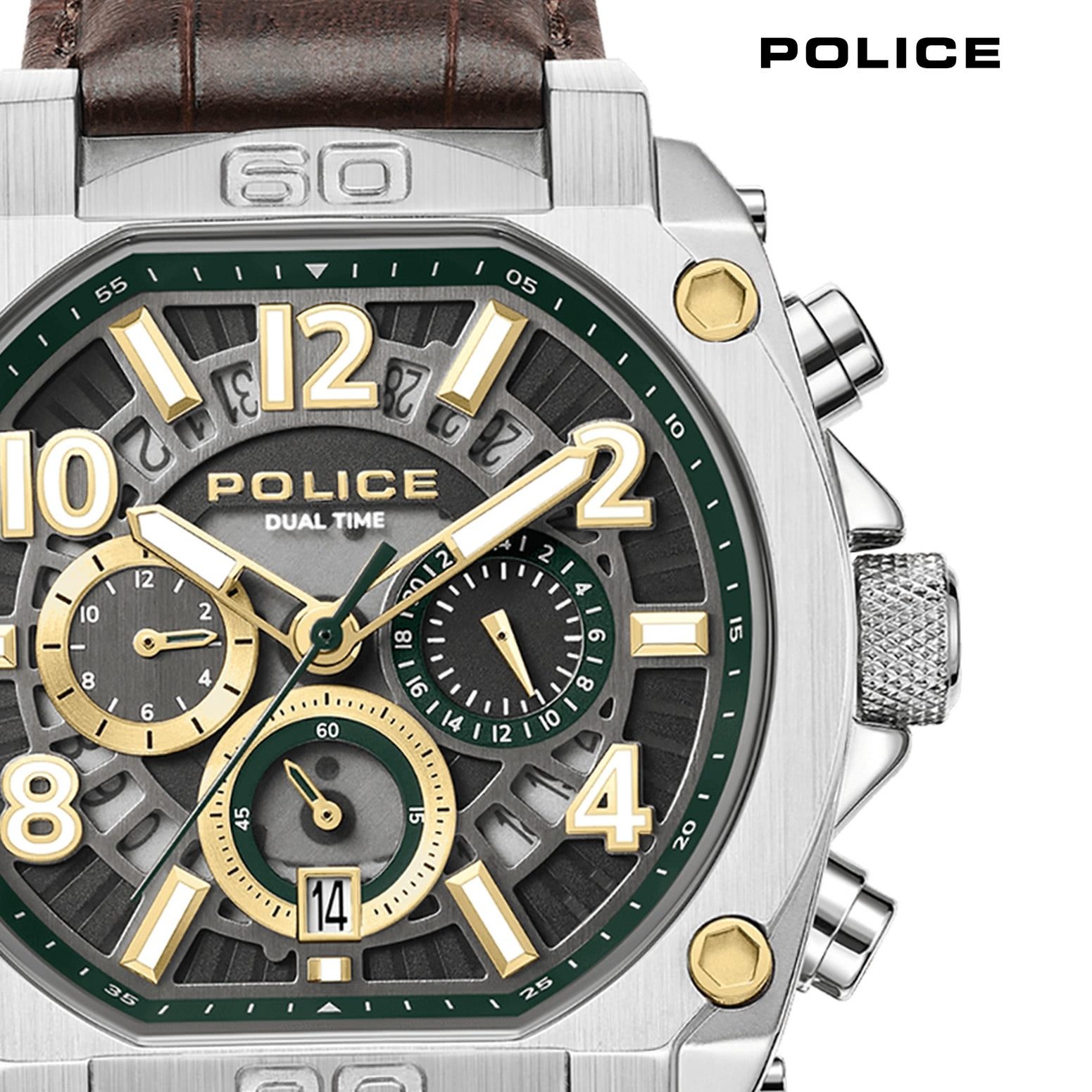 Police Multifunktionsuhr Police Herrenuhr Leder braun, (Multifunktionsuhr), Herrenuhr rund, extra groß (ca. 45x51,5mm) Lederarmband, Elegant-Style