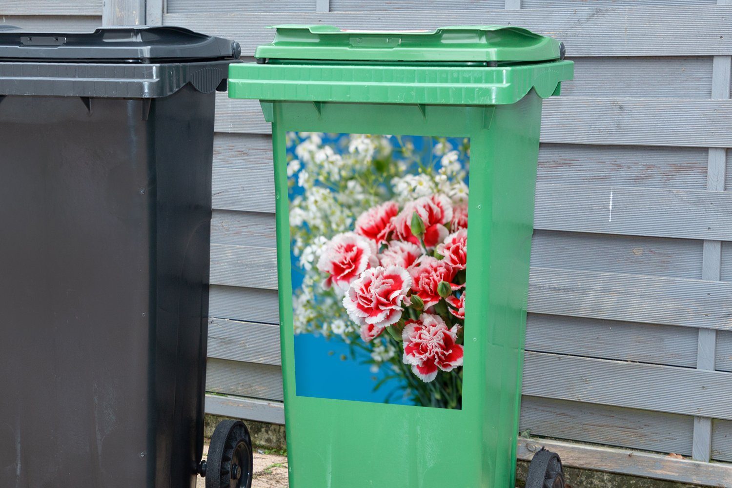 Sticker, Mülleimer-aufkleber, weißen mit Nelkenblüten MuchoWow Mülltonne, Wandsticker Abfalbehälter Rot (1 St), Container,