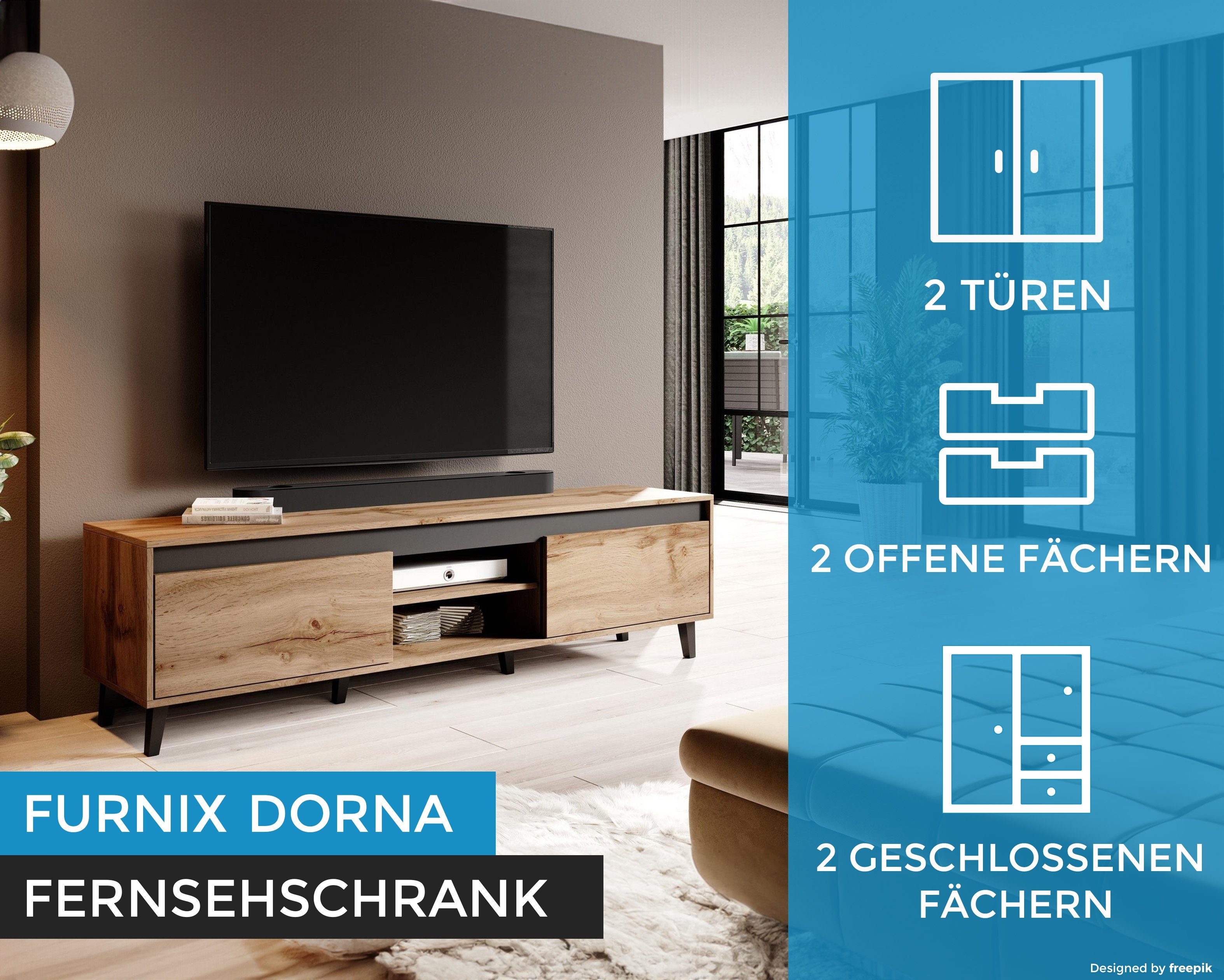 Furnix TV-Schrank DORNA Fernsehschrank mit drei Schubladen Wotan/Anthrazit B170 bzw 185 x H48/42 x T38 cm | TV-Schränke