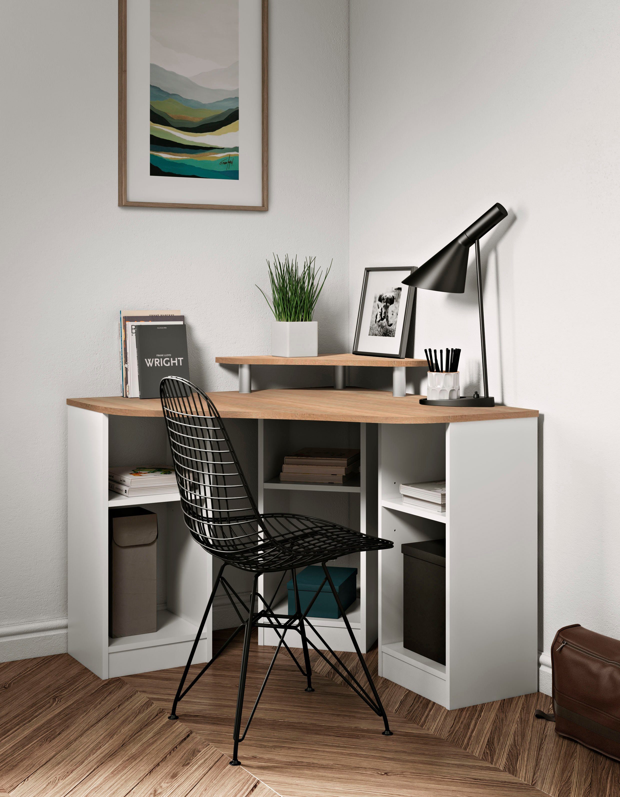 cm Schreibtisch | Melamingestell, Corner, Breite eichefarben/weiß untersch. 94 TemaHome Tischplatte in Farbvarianten, eichefarbig