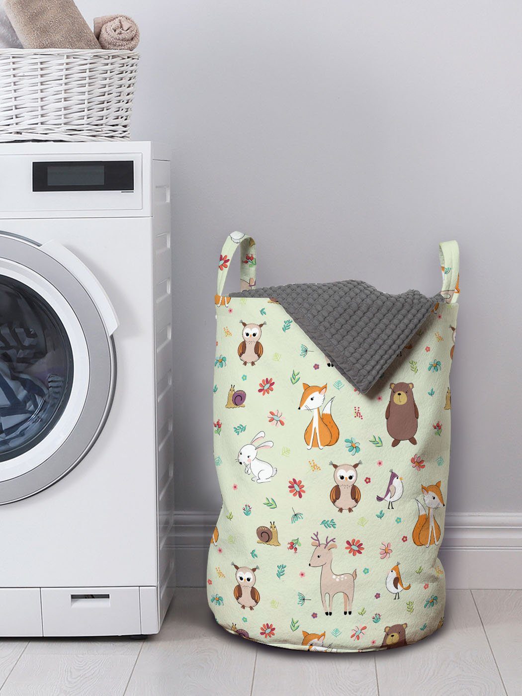 Abakuhaus Wäschesäckchen Wäschekorb mit Childish Tier Waschsalons, Kordelzugverschluss Griffen Waldkonzept für
