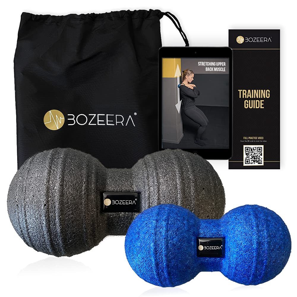 BOZEERA Massageball [FASZIEN DUOBALL 8CM & 12CM ] Peanut Ball Set, Faszienrolle - Faszien Massage Bälle Set 2-tlg., Set Inkl. Video-anleitung, Poster & Tasche – BOZEERA®: Premium Set
