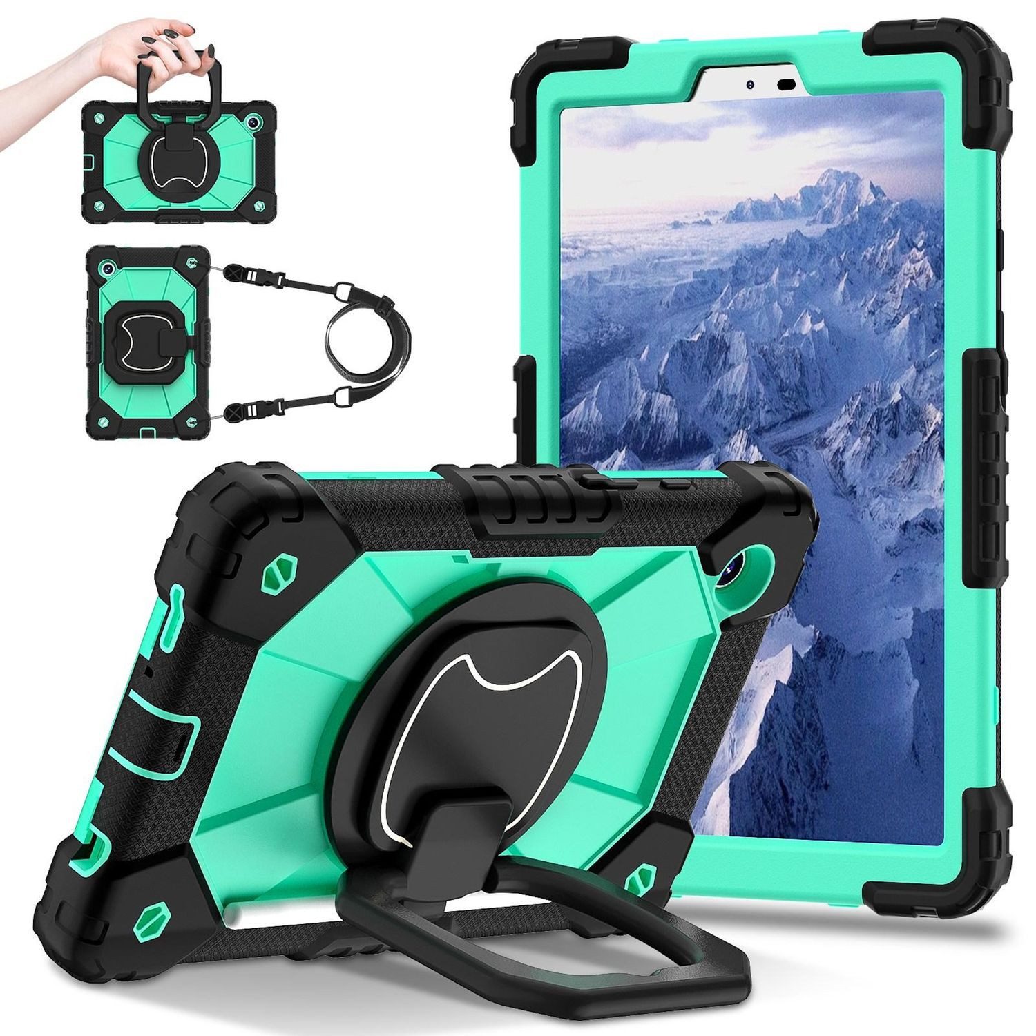 Wigento Tablet-Hülle Für Samsung Galaxy Tab A11 Hybrid Hülle Halter & Schultergurt Türkis, Hybrid Schutzhülle Smart Case Cover mit Schultergurt