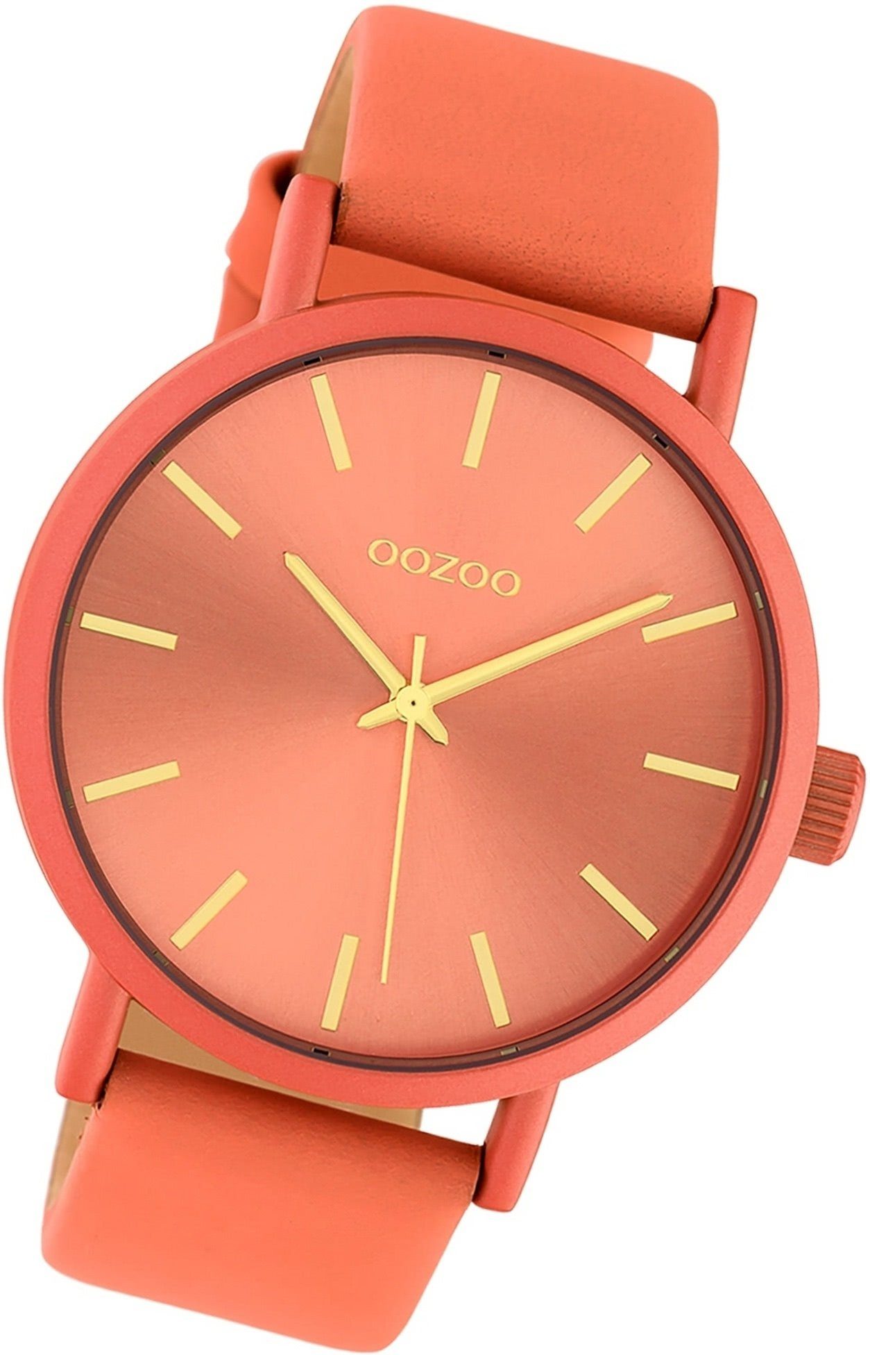 OOZOO Quarzuhr Oozoo Damen Armbanduhr Timepieces, Damenuhr Lederarmband orange, rundes Gehäuse, groß (ca. 42mm)