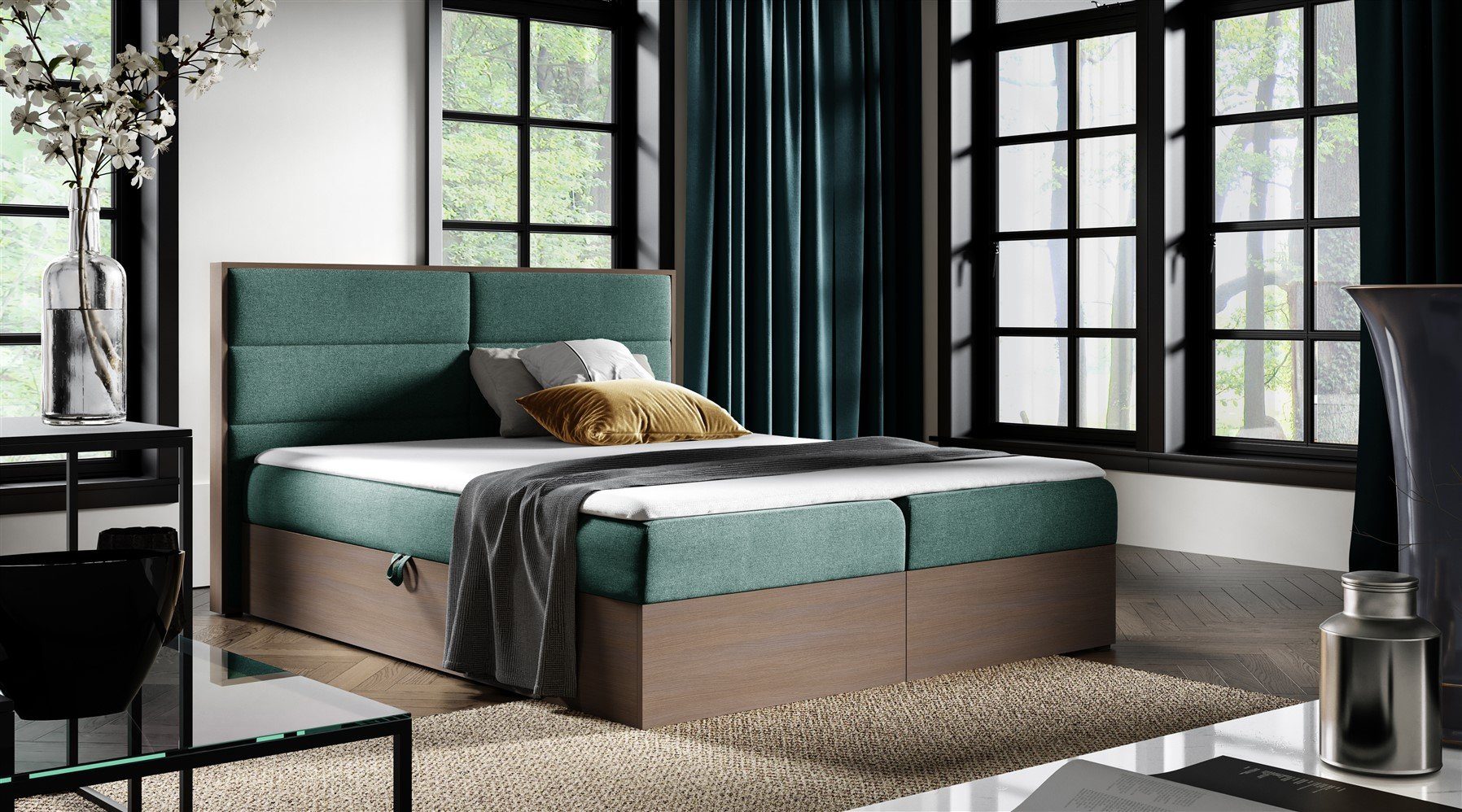 Fun Möbel Boxbett Schlafzimmerbett LAMBROS in Stoff u. Dunkle-Eiche-Optik (Gepolstertes Kopfteil, inkl. Kaltschaumtopper), Dunkle-Eiche-Optik