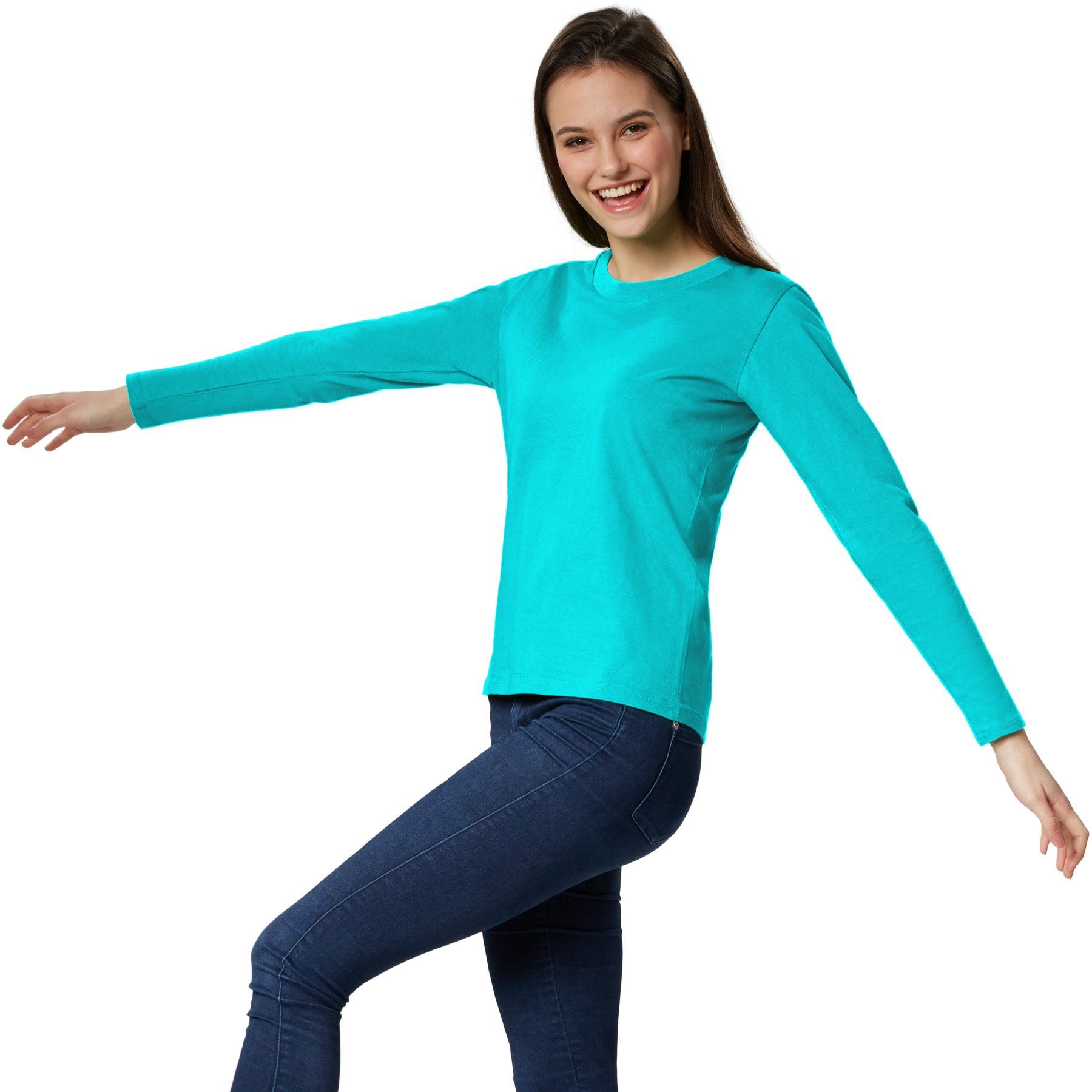 dressforfun Langarmshirt Langarmtop, Für viele Outfits & Auftritte, Rundhals mit (Ärmelshirt, Konfektionsgröße XL in türkis) Einfarbiges Langarm-Shirt für Frauen, Fester Stoff, hoher Tragekomfort