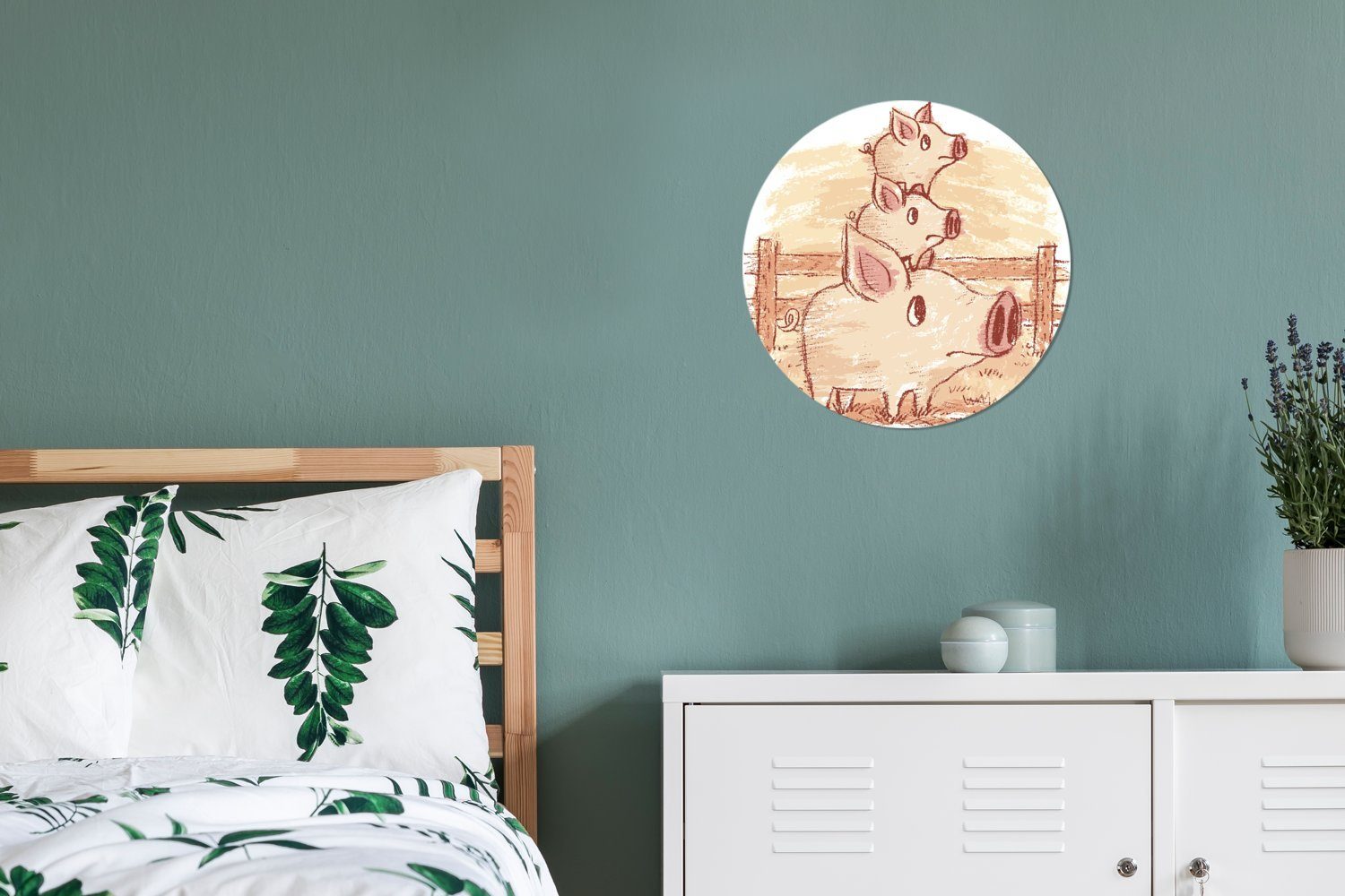 MuchoWow Illustration Schweins Tapetenaufkleber, Wohnzimmer St), eines für Kinderzimmer, mit Eine Wandsticker (1 Tapetenkreis zwei Rund, Ferkeln