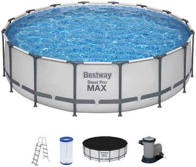 Bestway Framepool Steel Pro MAX™ (Komplett-Set), Frame Pool mit Filterpumpe Ø 488x122 cm, lichtgrau