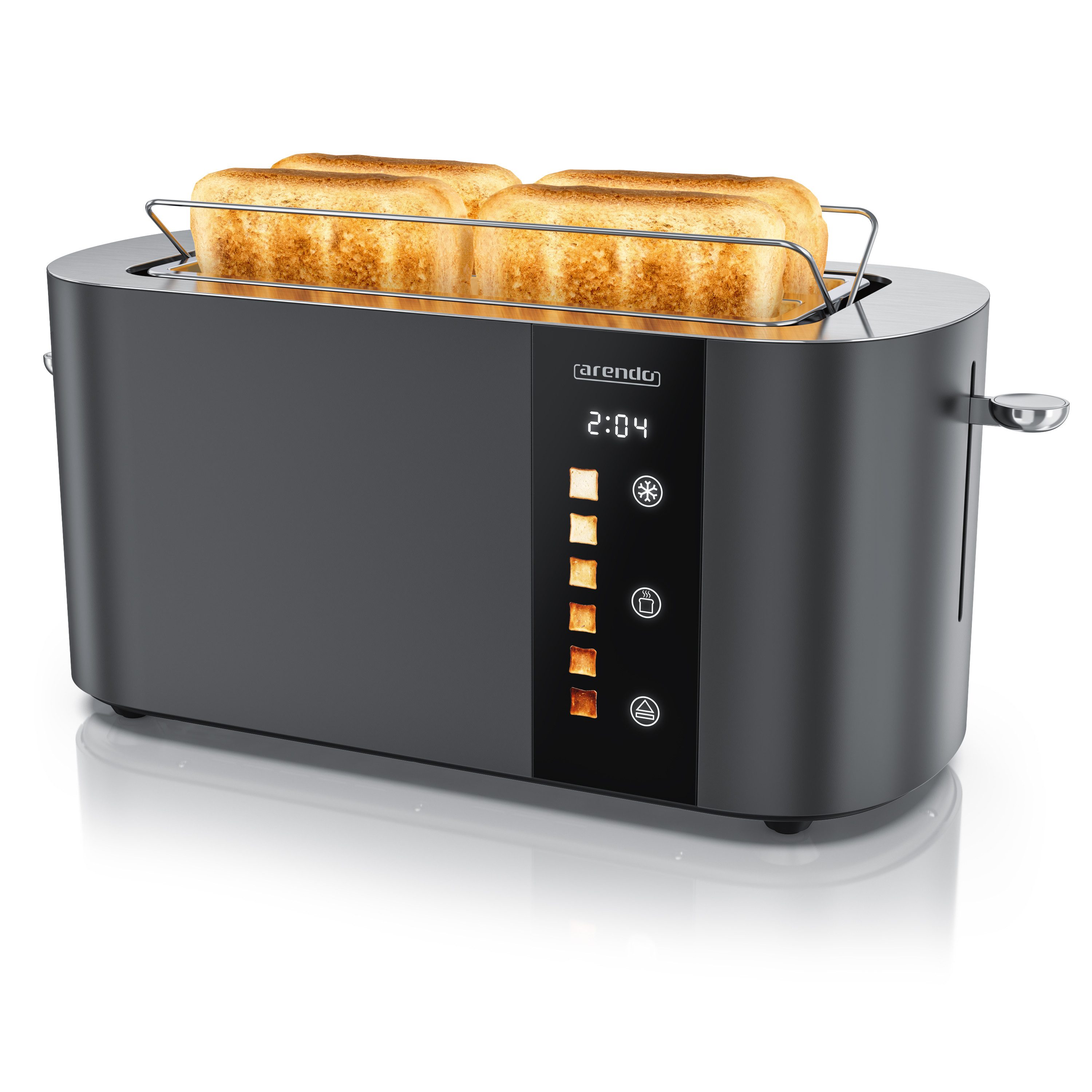 Arendo Toaster Edelstahl 4-Scheiben Langschlitz, Touch, Restzeit Bräunungsgradanzeige, 2 lange Schlitze, für 4 Scheiben, 1500 W, Brötchenaufsatz, Wärmeisoliert, Toast-Symbole für Bräunungsgradauswahl