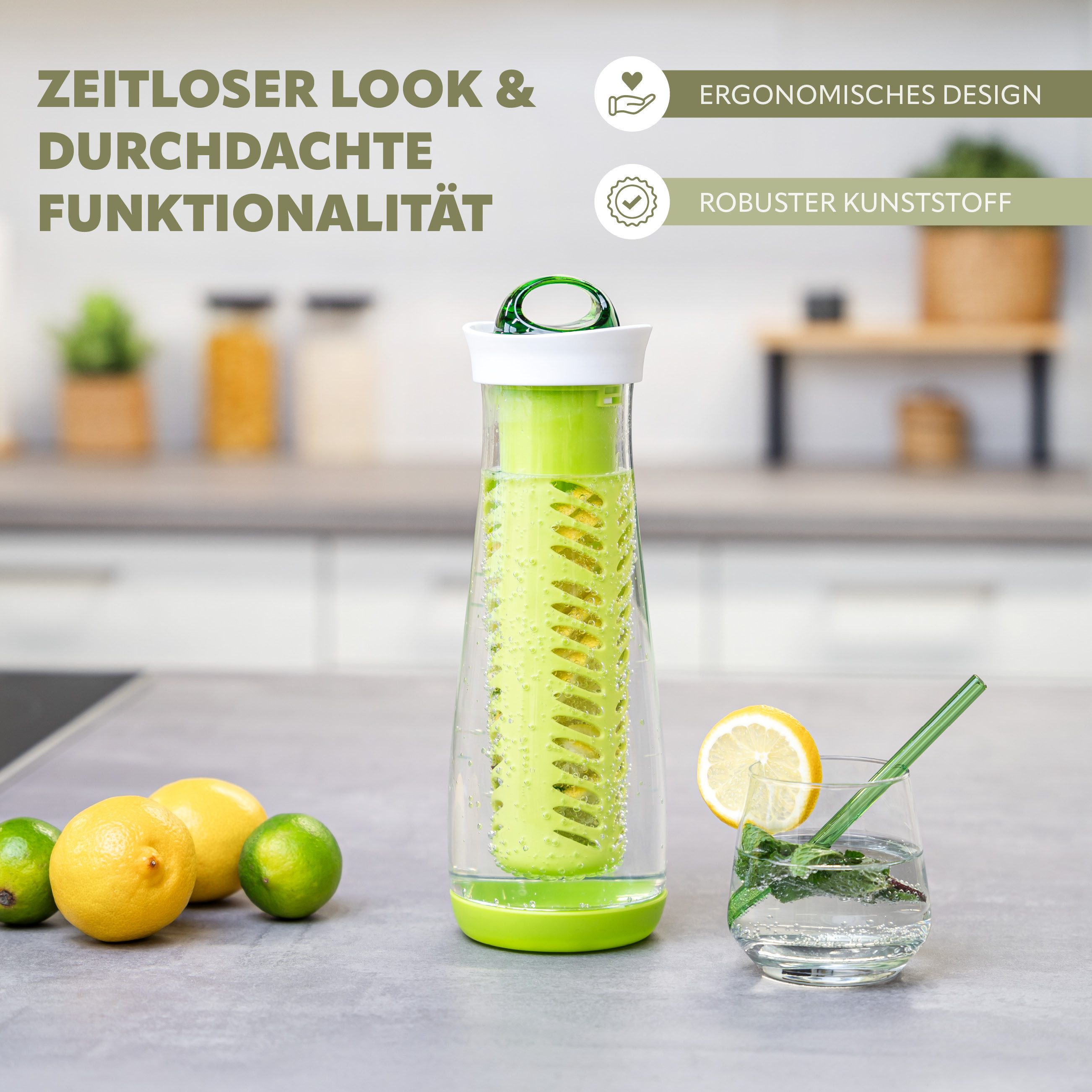 bremermann Karaffe mit Infuserstab, 1.1 Liter aus Kunststoff, grün, (1-tlg), Infuserstab und Zitruspresse