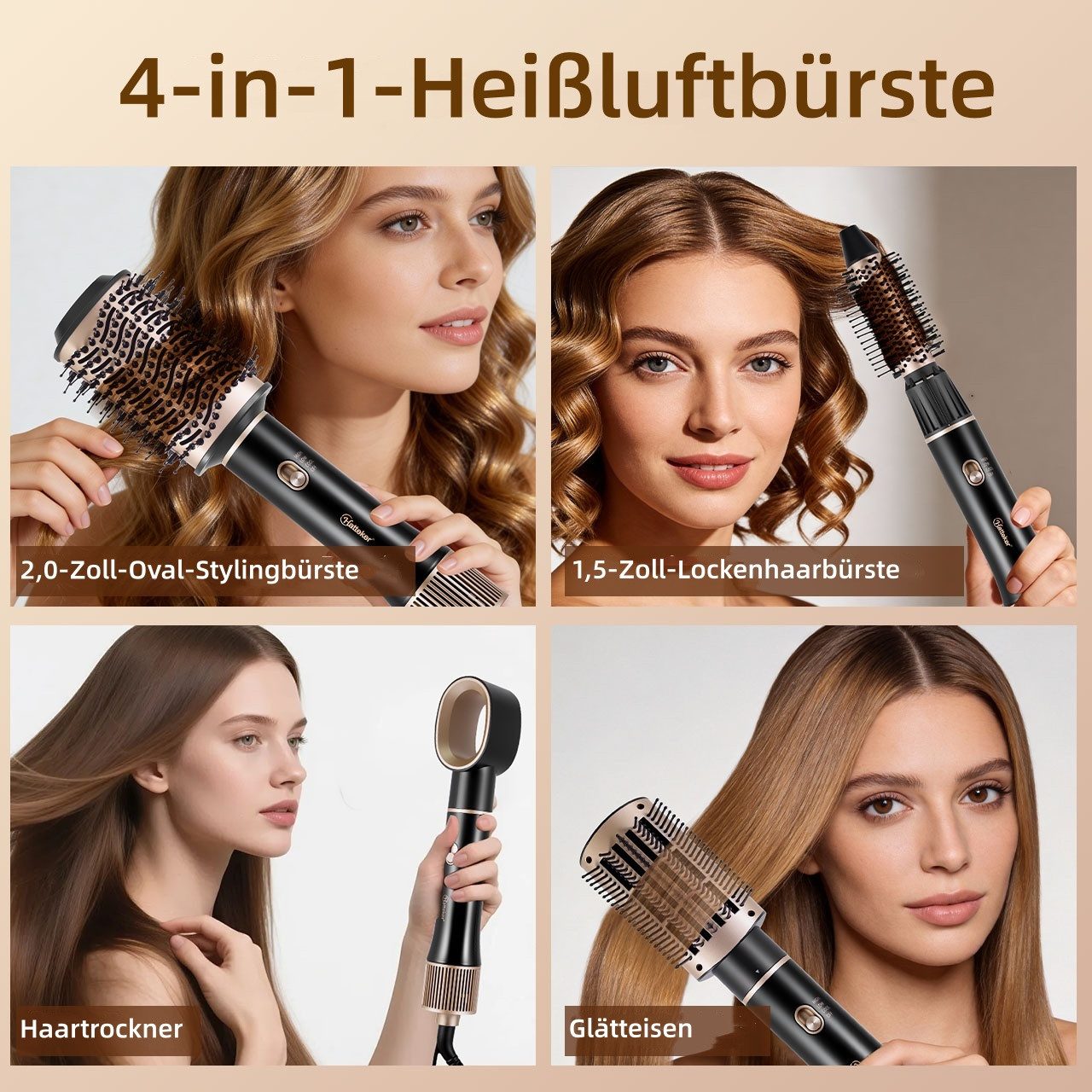 HATTEKER Warmluftbürste 4-in-1 HT-305, Multihaarstyler, Ionen-Technologie, 3 Temperaturstufen, Volumenbürste
