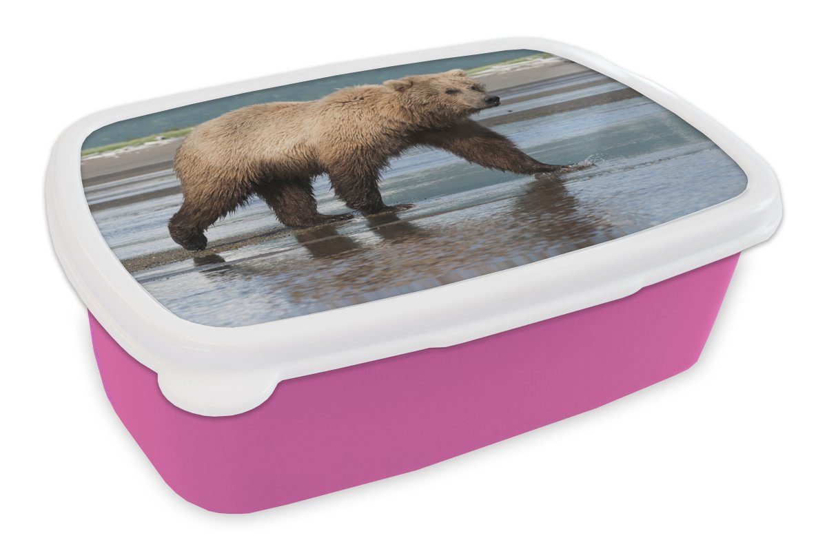 MuchoWow Lunchbox Bär - Strand - Wasser, Kunststoff, (2-tlg), Brotbox für Erwachsene, Brotdose Kinder, Snackbox, Mädchen, Kunststoff rosa