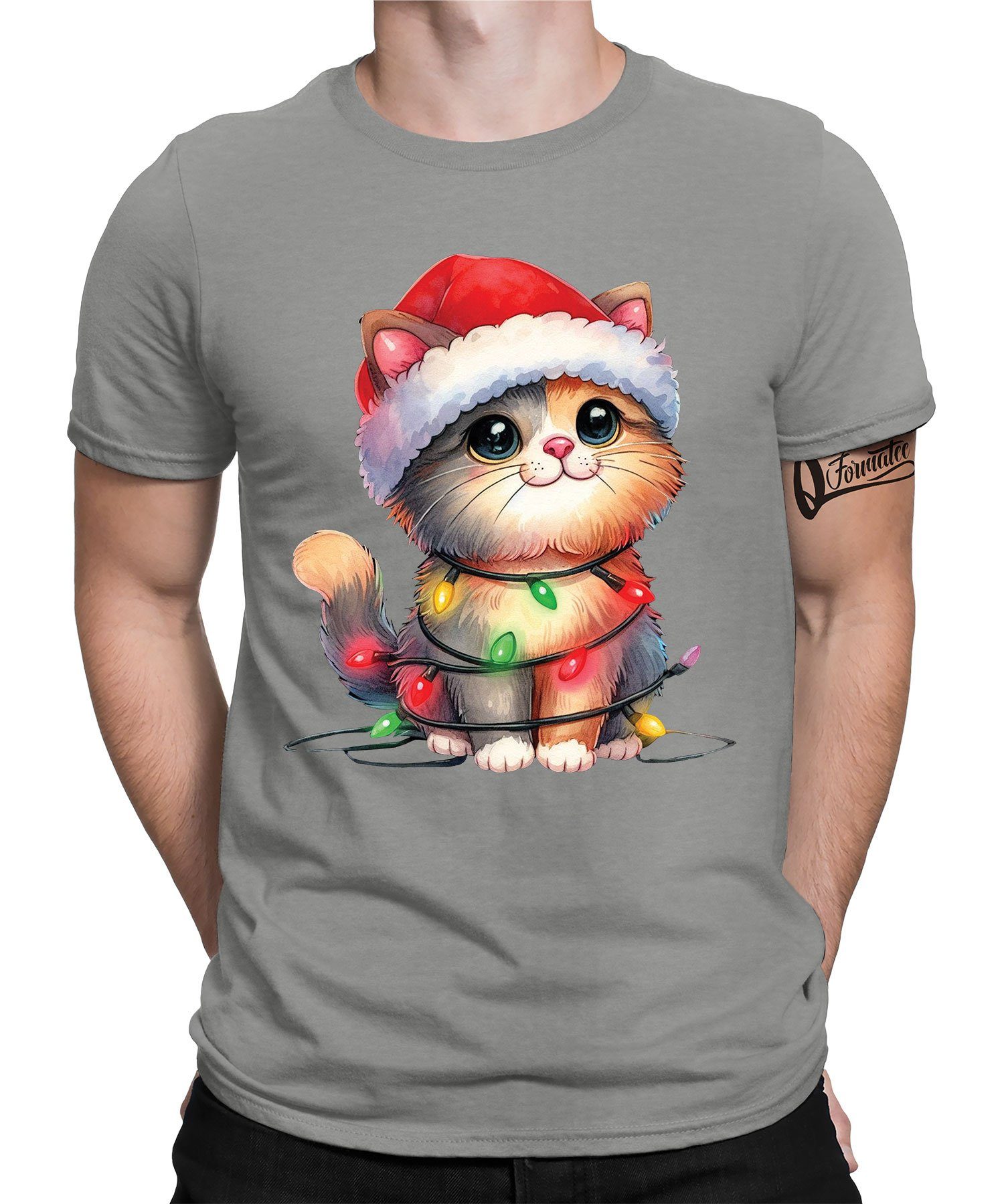 Quattro Formatee Kurzarmshirt Süße Katze Lichterkette - Weihnachten Nikolaus Weihnachtsgeschenk (1-tlg) Heather Grau | T-Shirts