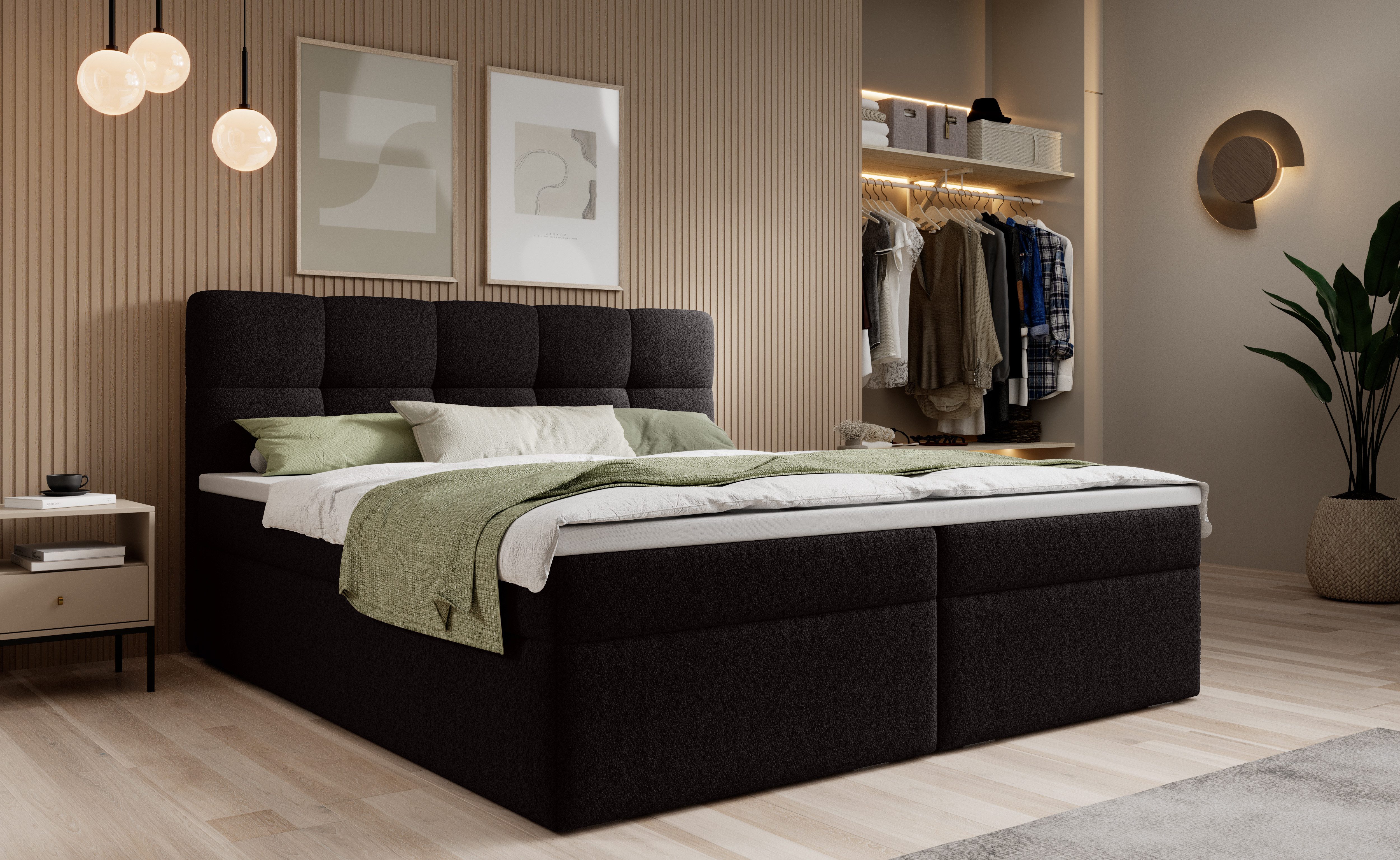 thematys Boxspringbett mit Bettkasten 140x200–200x200 cm – Velours oder Bouclé Bezug – (Boxbett - Luxus Doppelbett mit Stauraum, Boxbett - Luxus Doppelbett mit Stauraum)