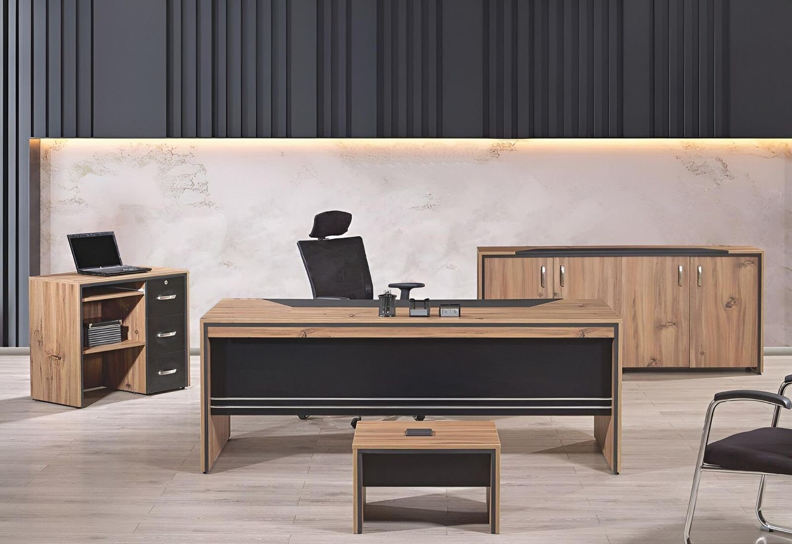 Schreibtisch Arbeitstisch 1x 1x ohne Kommode Tisch 4tlg Sessel), + in Cocuhtisch Tisch Schwarz Bürotisch Made Set 1x 1x Europa JVmoebel Braun/Schwarz Büro Möbel Arbeitszimmermöbel + + Holz (4-St.,