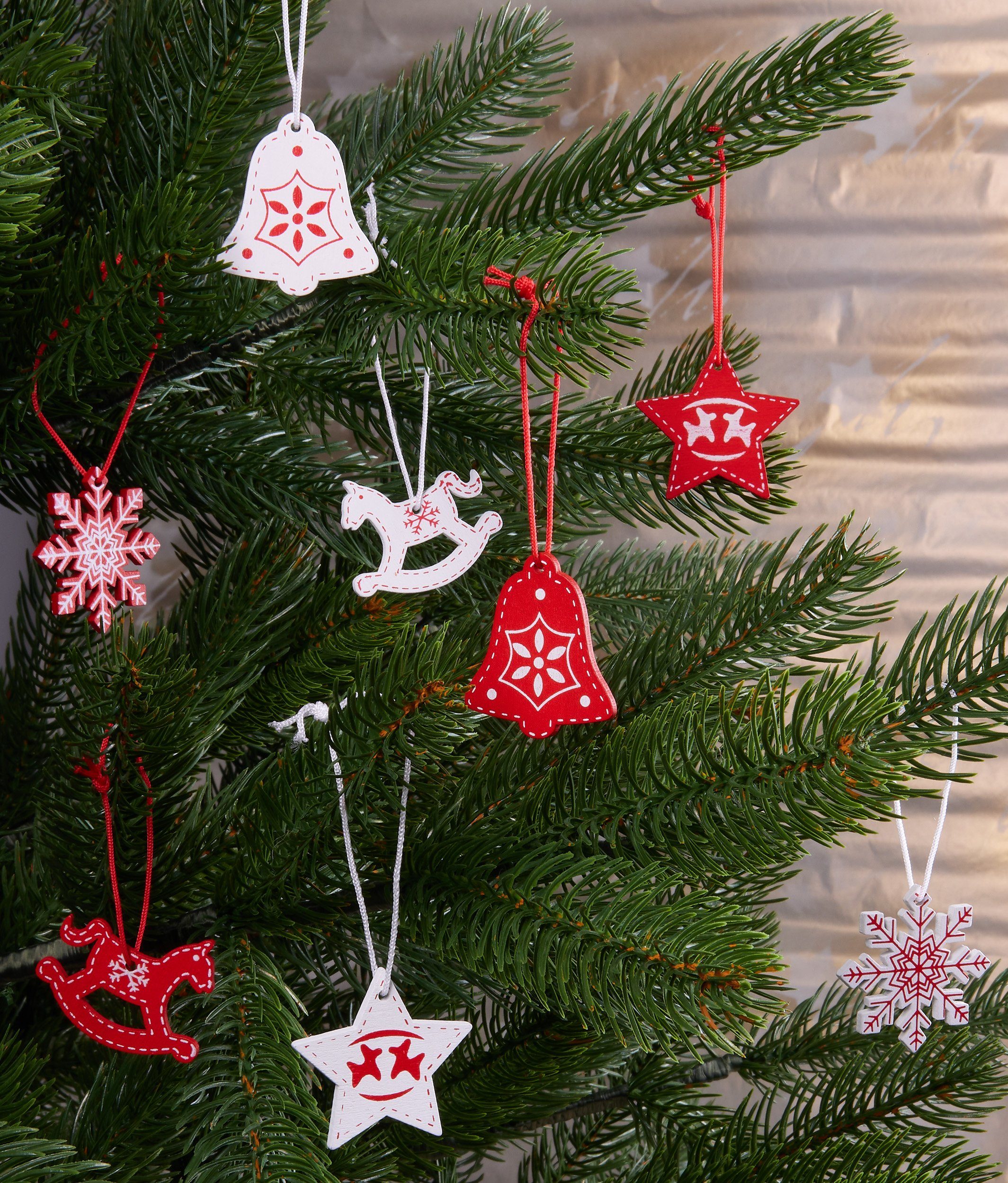 BRUBAKER Christbaumschmuck Weihnachtsbaumschmuck Set (48-tlg), Holz Christbaumanhänger - Rot und Weiße Weihnachtsanhänger, 3-4 cm