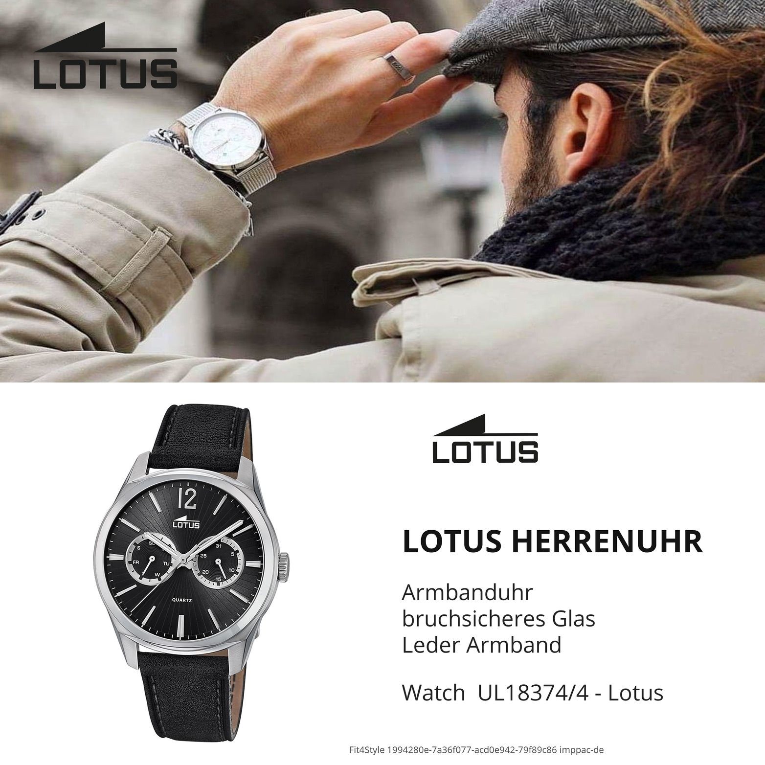 Herrenuhr Gehäuse, (ca. mit Multifunktionsuhr Lotus groß Herren Lotus Uhr Elegant-S 41mm), rundes Leder Lederarmband, L18374/4,