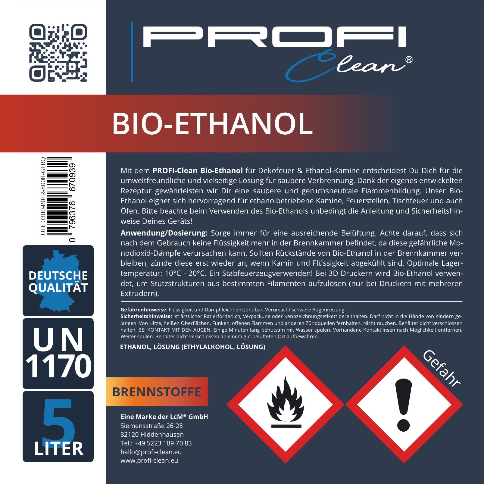 PROFI-clean® Bioethanol Bio-Ethanol 96,6% Brennflüssigkeit im 5 Ltr. Kanister, (1-St)