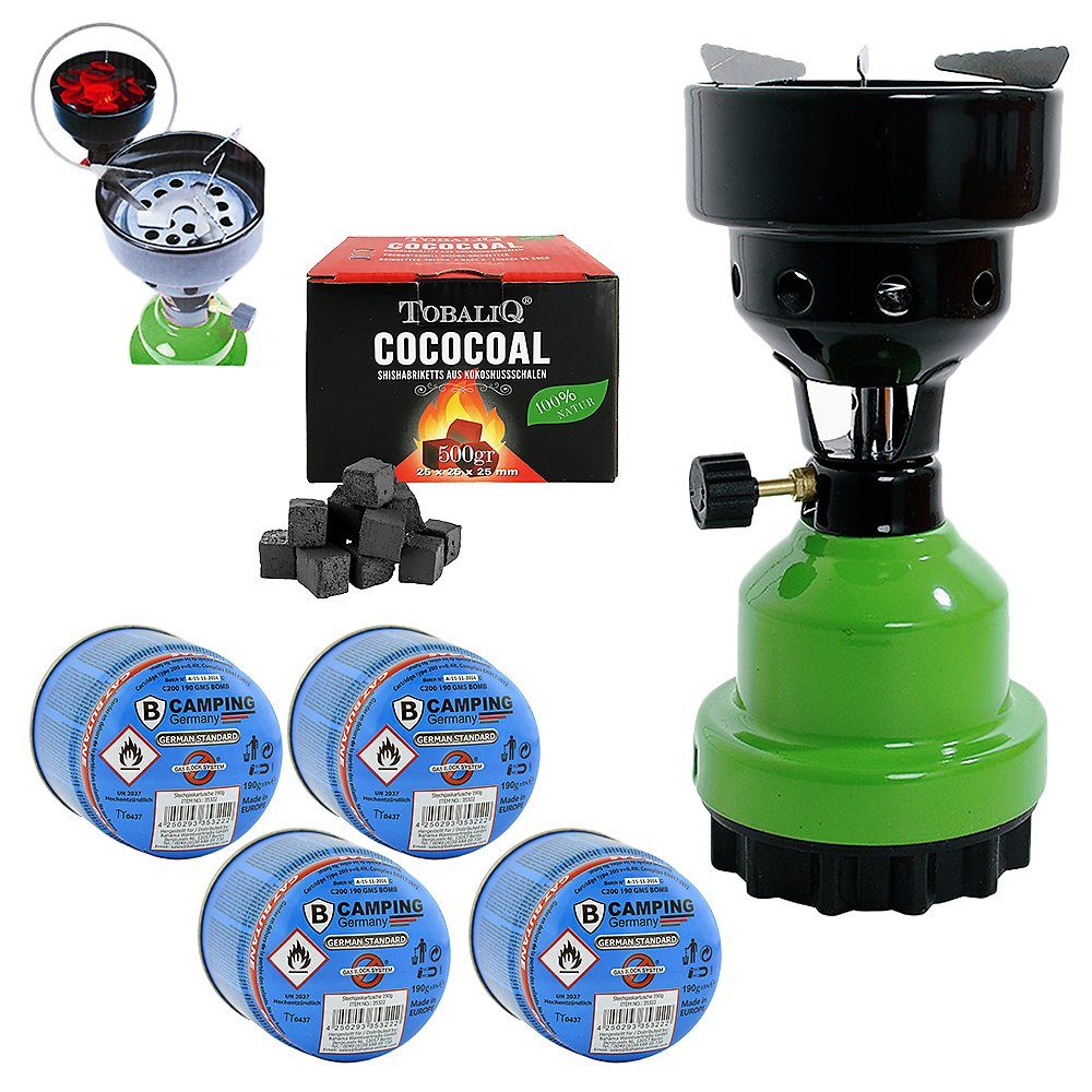 Mianova Camping-Gasgrill 1 flammig Gaskocher Grün Campingkocher Gas Kocher + 4 Kartuschen Kohle, BBQ Barbecue Tischgrill Notfall Campingherd Stromausfall Notkocher Notfallkocher, 2in1 Metall Shisha Kohleanzünder Outdoor Grill Camping Herd