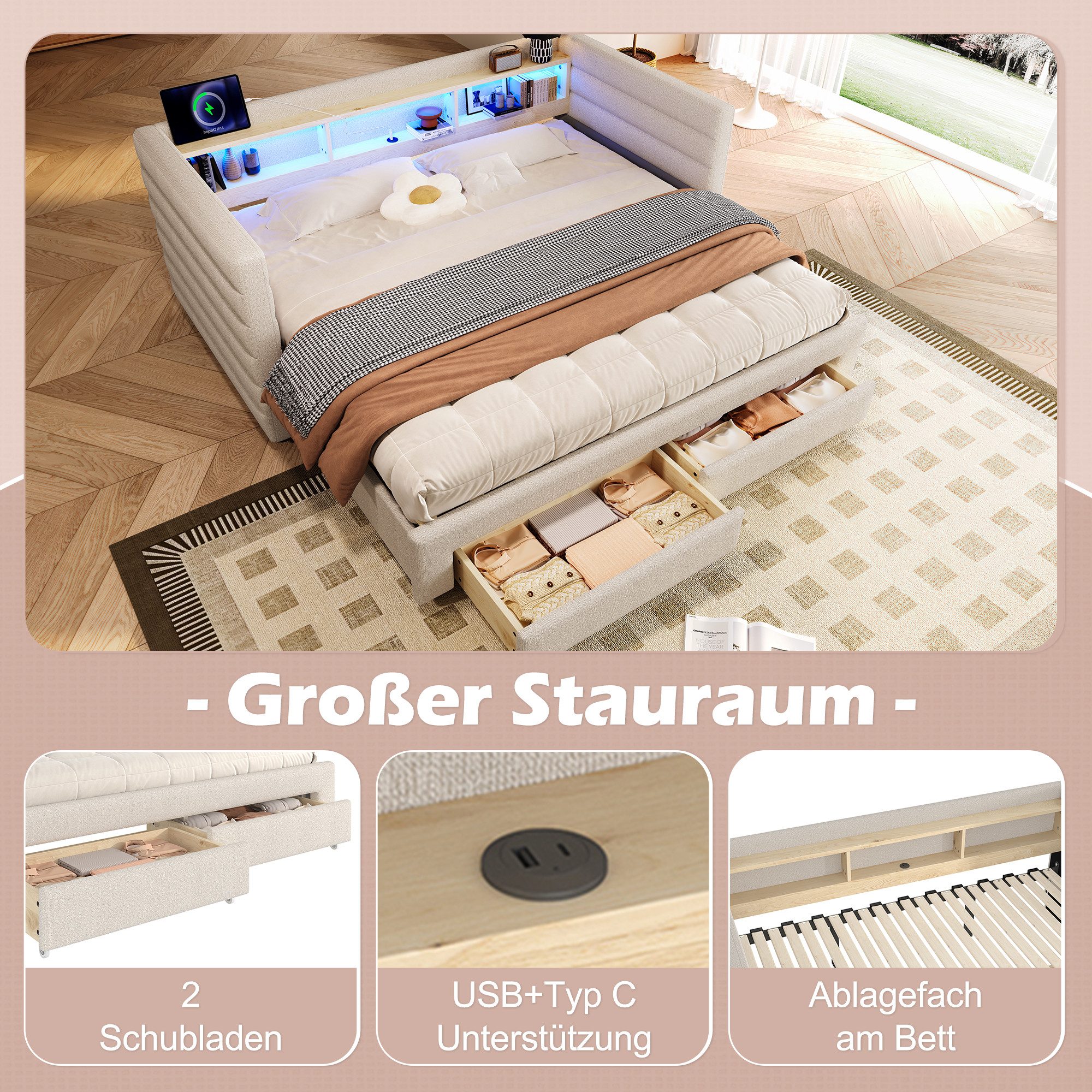 OKWISH Daybett Tagesbett,Sofabett,mit 2 Schubladen, Schlafsofa (mit LED-Beleuchtung & USB-C-Anschlüssen, Ausziehbares Polsterbett aus Samt mit Staufächern), ohne Matratze