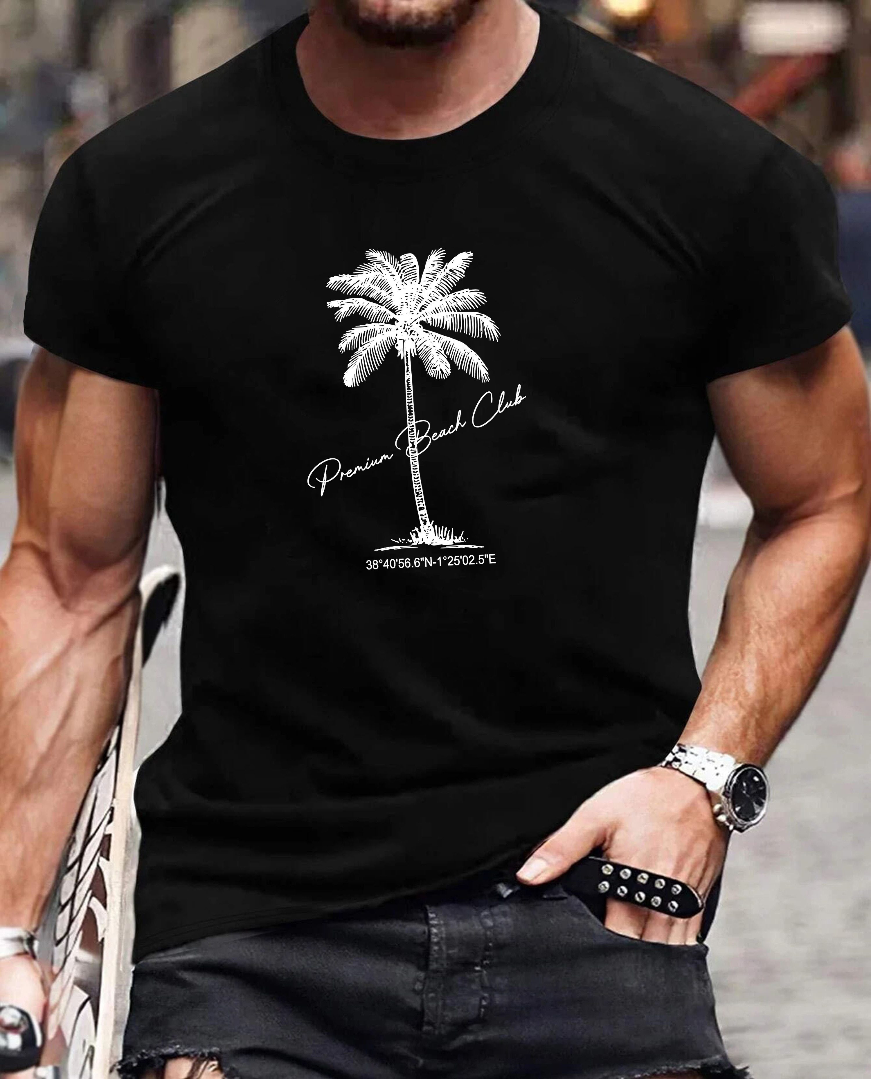 RMK T-Shirt Herren Shirt Basic Rundhals Palme Urlaub aus 100% Baumwolle