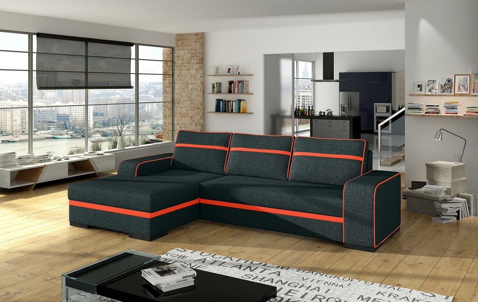 JVmoebel Ecksofa, Sofa Schlafsofa Designer Sofa mit Bettfunktion + Bettkasten Ecksofa Grau/Rot