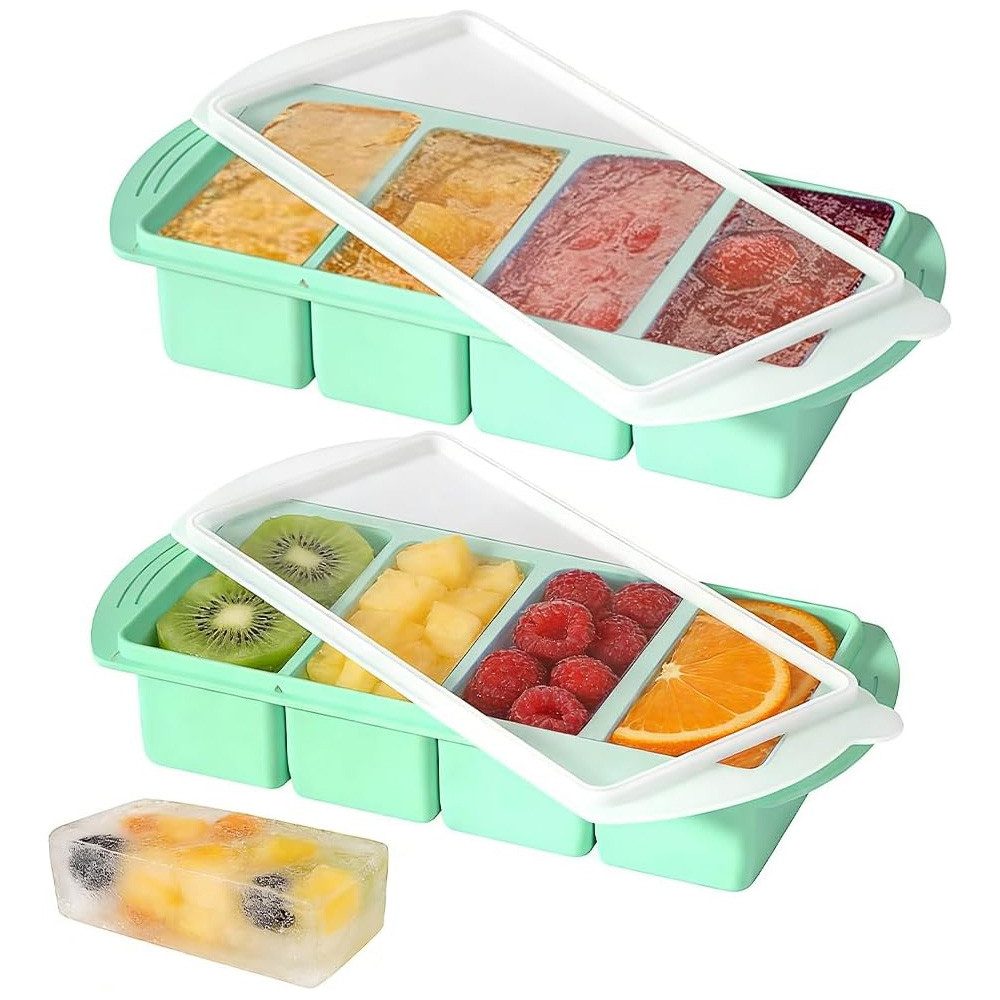 BlingBin Eiswürfelform 4 Fächern Eiswürfel mit Deckel, 2 Stück Silikon Eiswürfelbehälter, (2er Set 2-tlg), Einfrieren Behälter für Suppen, Brühe, Soße, Meal Prep und Eiswürfel