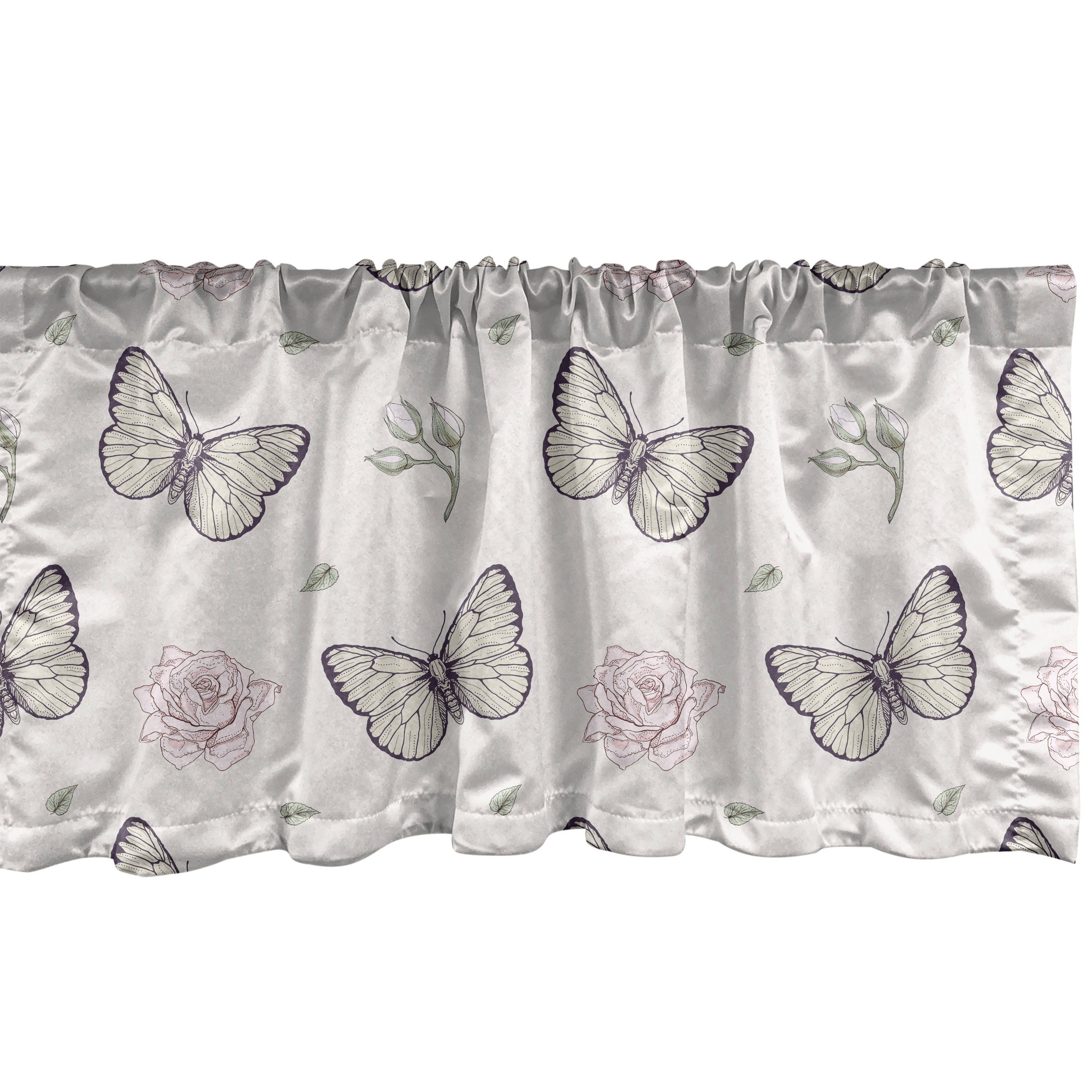 Scheibengardine Vorhang Volant für Küche Schlafzimmer Dekor mit Stangentasche, Abakuhaus, Microfaser, Entomologie Schmetterlinge und Blüten