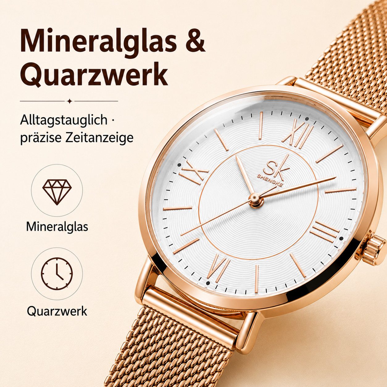 Toomoke Quarzuhr Damen Roségold, Damen Armbanduhr mit Edelstahl-Mesharmband, (analoge Damenuhr mit weißem Zifferblatt), römischen Ziffern, Mineralglas, 30 mm, 3 – Bild 5 von 5