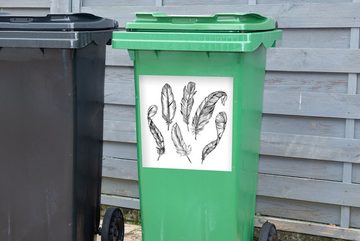 MuchoWow Wandsticker Eine schwarz-weiße Illustration von Federn (1 St), Mülleimer-aufkleber, Mülltonne, Sticker, Container, Abfalbehälter