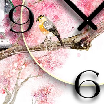 dixtime Wanduhr Asia Kirschblüte Vogelhäuschen Designer Wanduhr modernes Wanduhren (Einzigartige 3D-Optik aus 4mm Alu-Dibond)