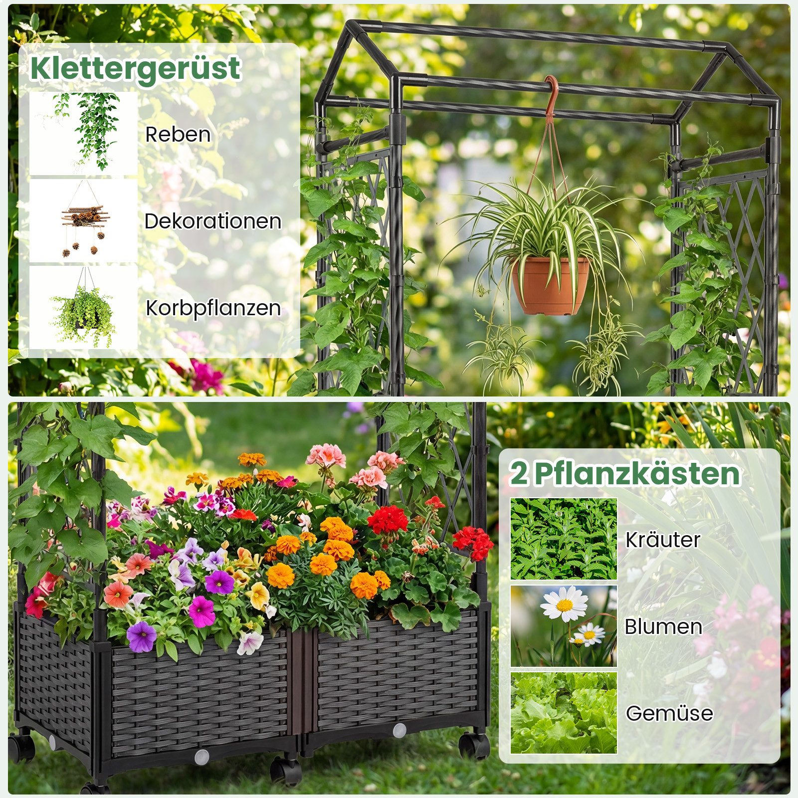 COSTWAY Blumenkasten (1 St), 2in1 Rosenbogen mit 2 Pflanzkästen, Gartenbogen auf Rollen