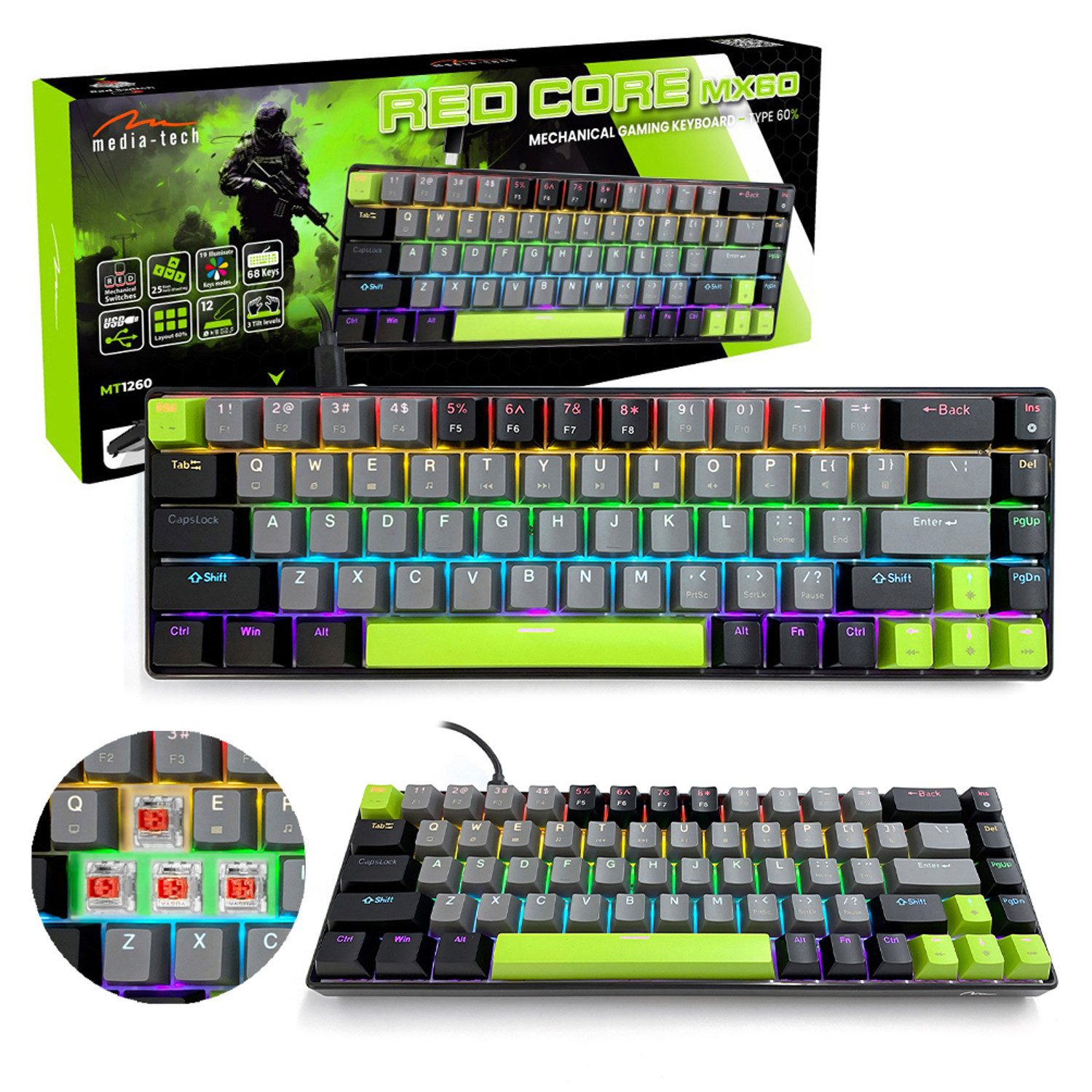 MEDIA-TECH MT1260 Mechanische Tastatur Qwerty Gaming-Tastatur (Tastenbeleuchtung 19 Farbbeleuchtungsmodi)