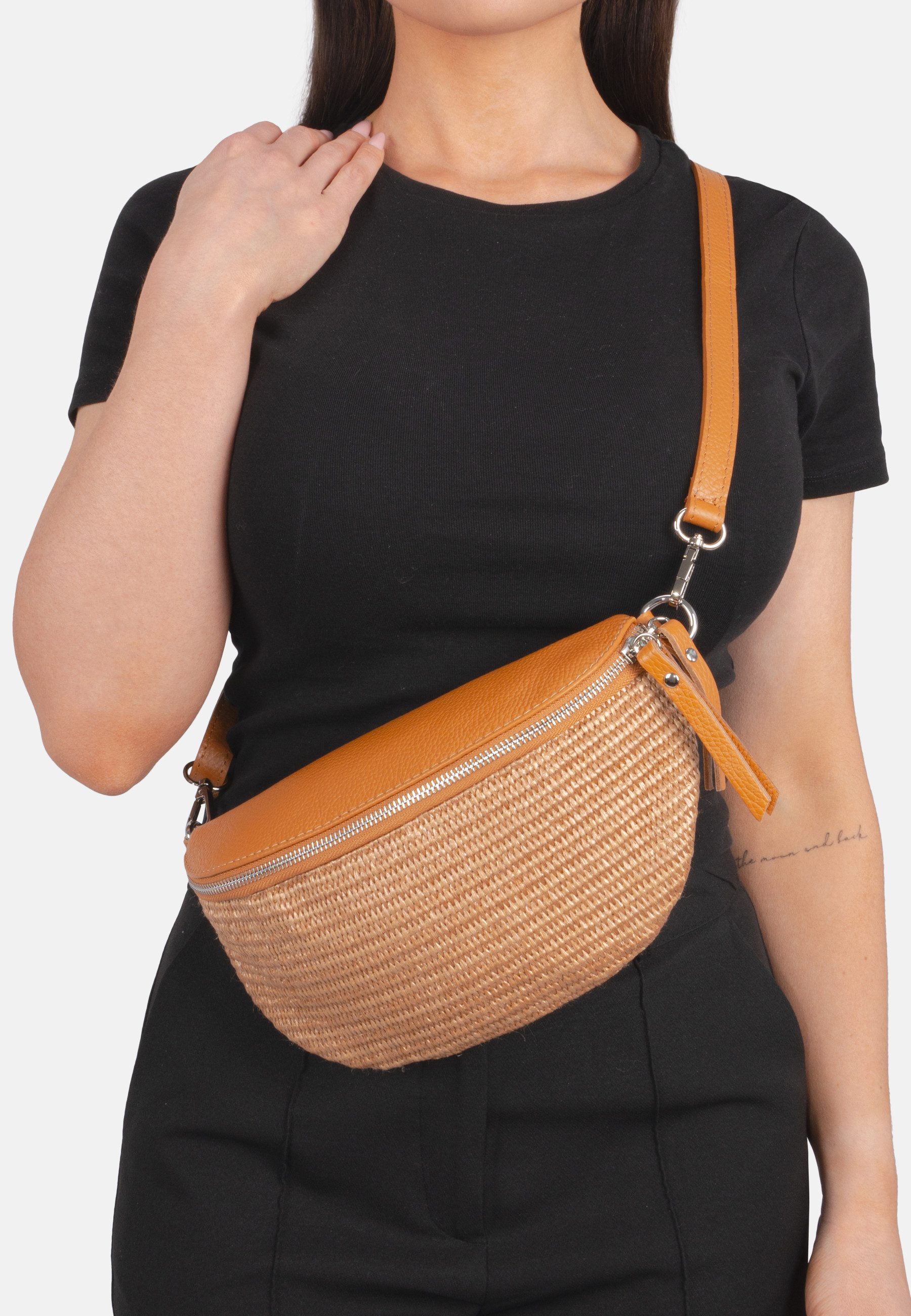 Seasons of April Gürteltasche JUNA CROSSBODY BAG SIZE M, Damen Raffia Ledertasche: Umhängetasche Gürteltasche, verstellbar