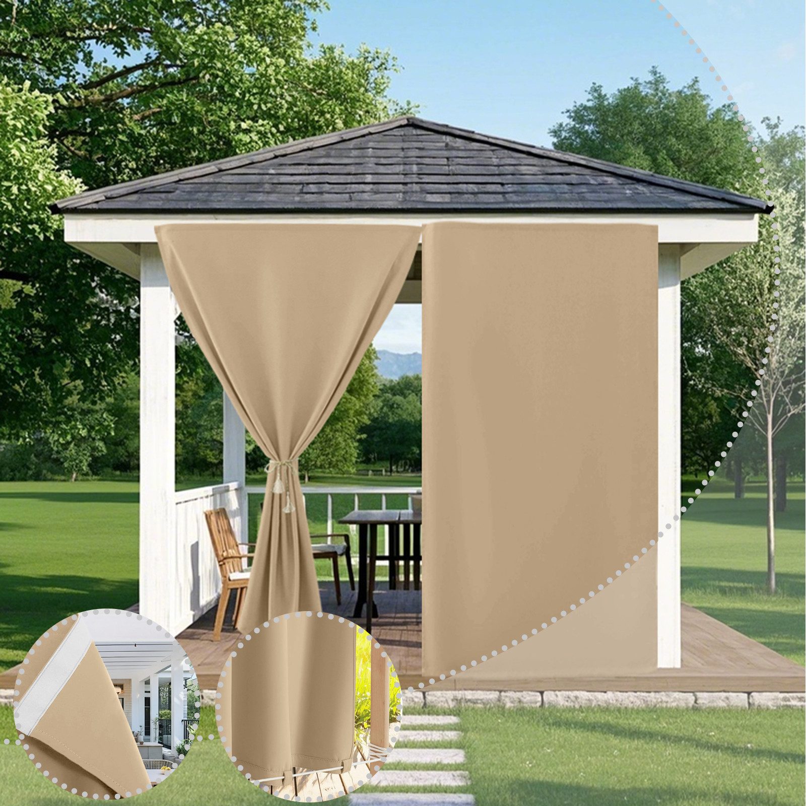 BTTO V&G Outdoorvorhang Gardine Terrassenvorhang Außen,Wind- & Wasserdicht,Magic Tape (2 St), Verdunkelungsvorhang für Garten & Terrasse