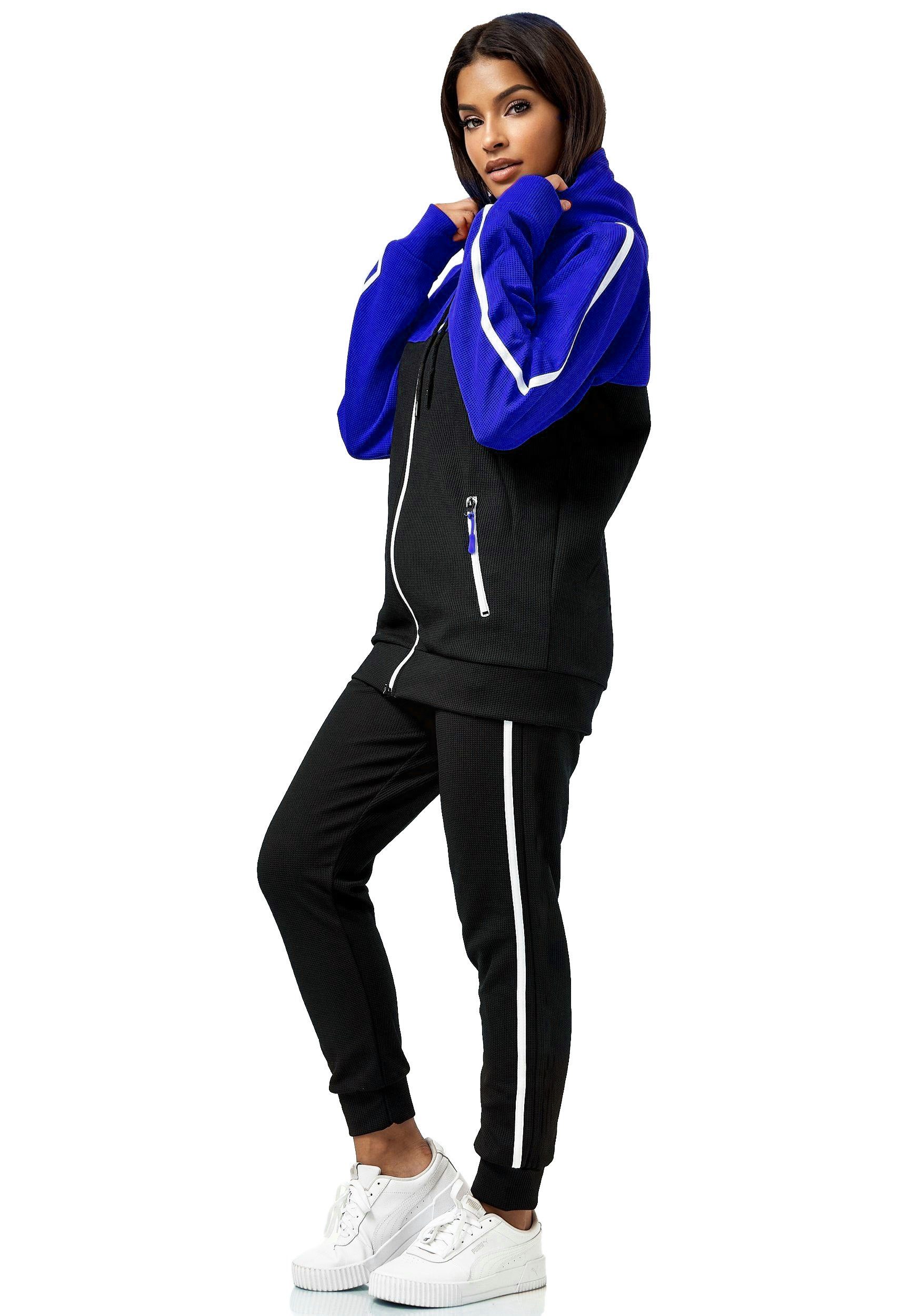 L.gonline Freizeitanzug Damen Jogginganzug Freizeitanzug Sportlich 3750 (Kapuzenjacke mit Reißverschluss, Hose, 2-tlg), mit Streifen