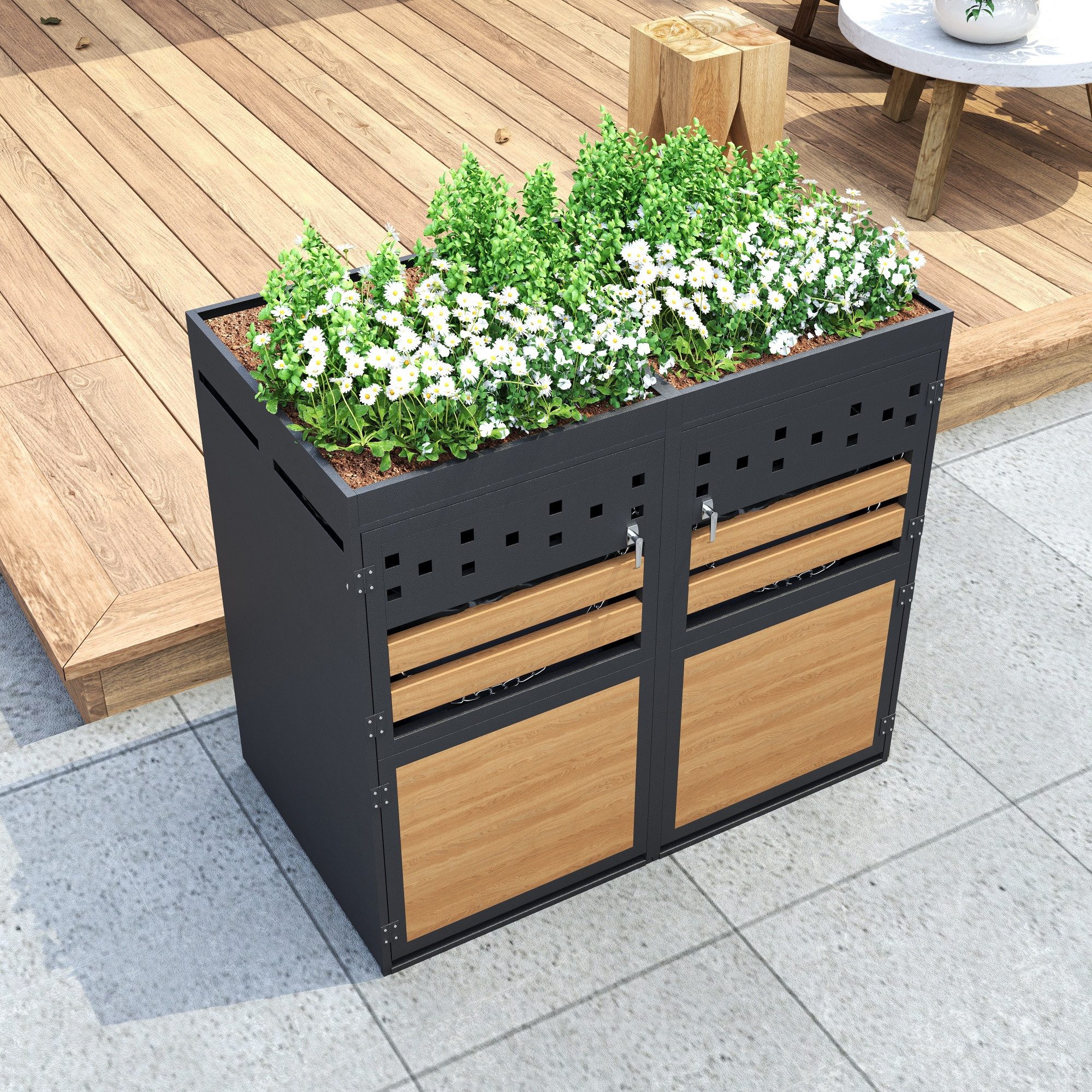 Mülltonnenbox mit Pflantdach,Müllbox für 2 Mülltonnen 120-240 Liter,Holzoptik-Tür