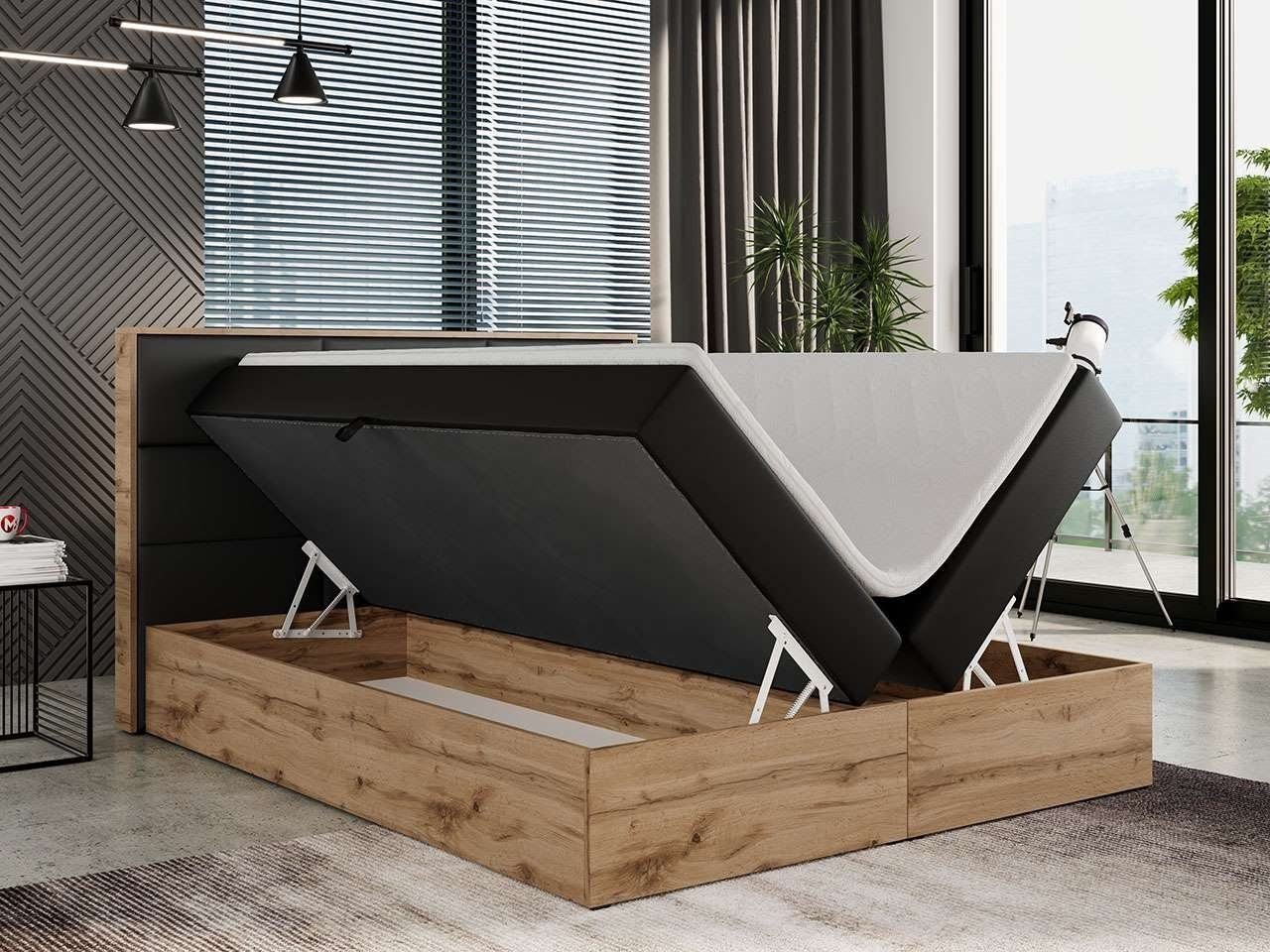 DB-Möbel Boxspringbett "ANTONIO" Doppelbett, mit Eiche Holzrahmen, Multipocket-Matratze