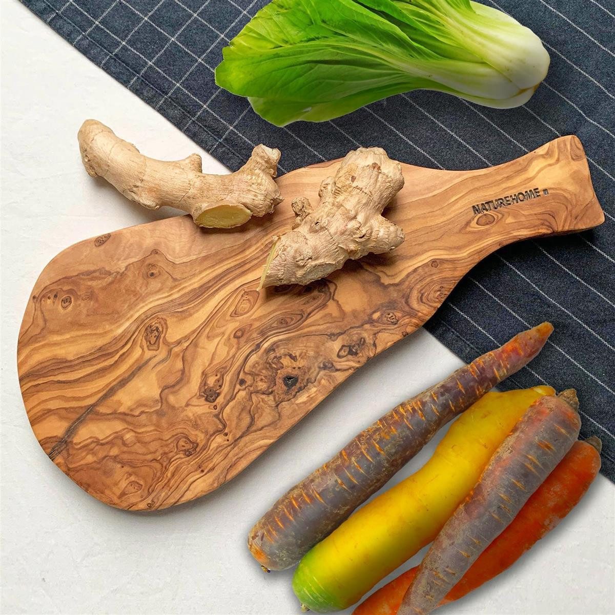 NATUREHOME Schneidebrett Paddle Board - rustikales Schneidebrett oval mit Griff 30cm, Holz, Handarbeit, Haltbar