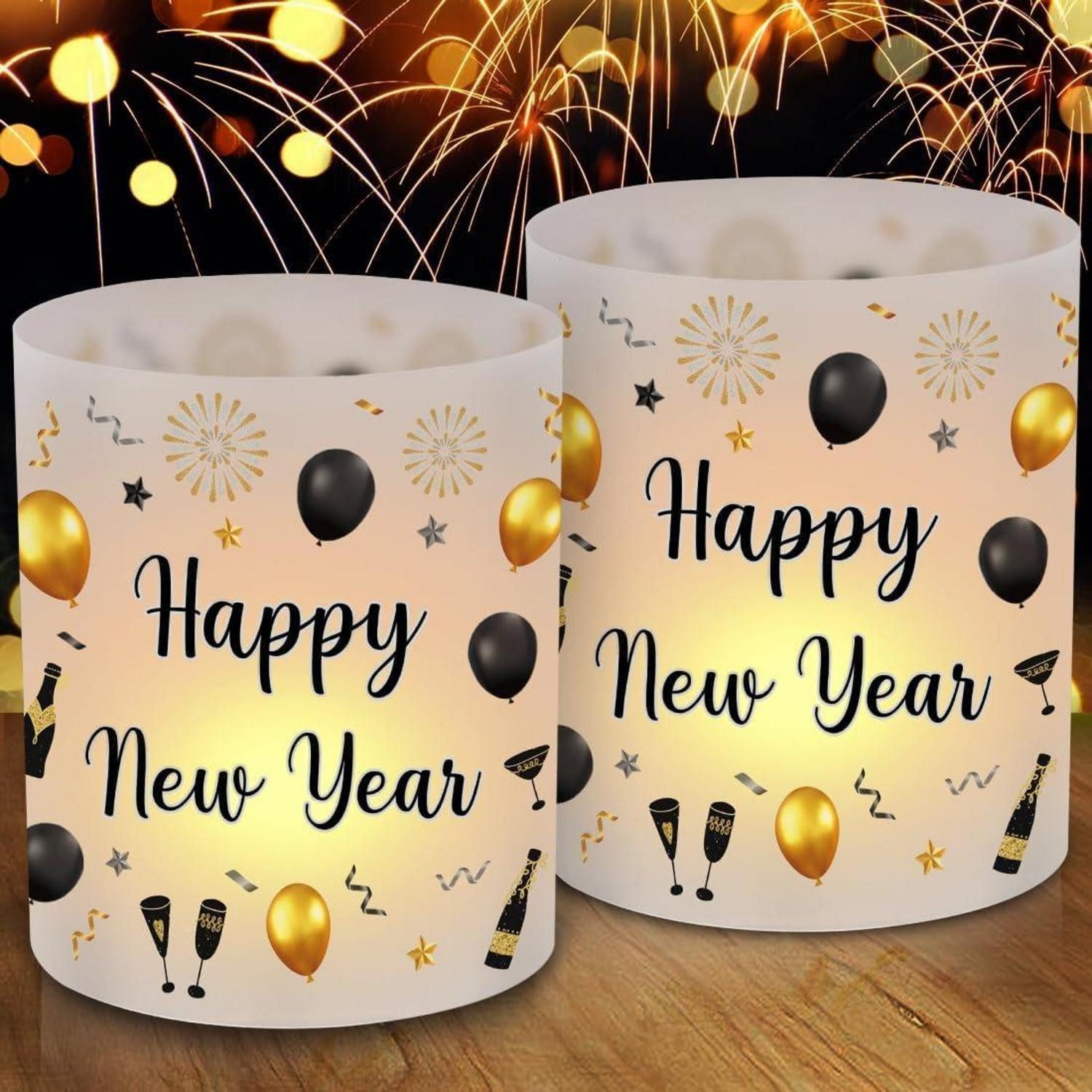 LuxusKollektion Windlicht Windlicht 12er Silvester Tischdeko 2025 Neujahr Happy New Year
