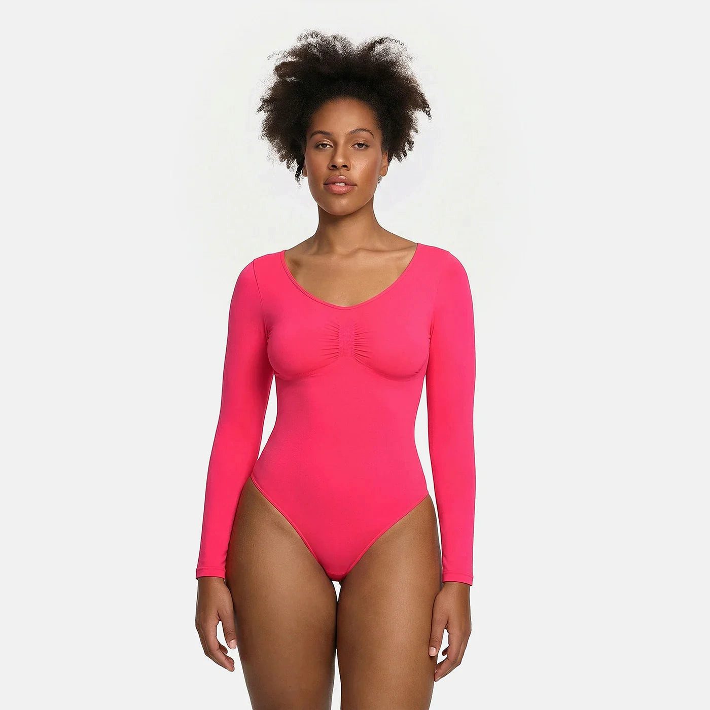 cfab (creamy fabrics) Miederbody Bodysuit Sculpting Shapewear Longsleeve mit String-Neon Pink-5XL (1-tlg) Figurformend