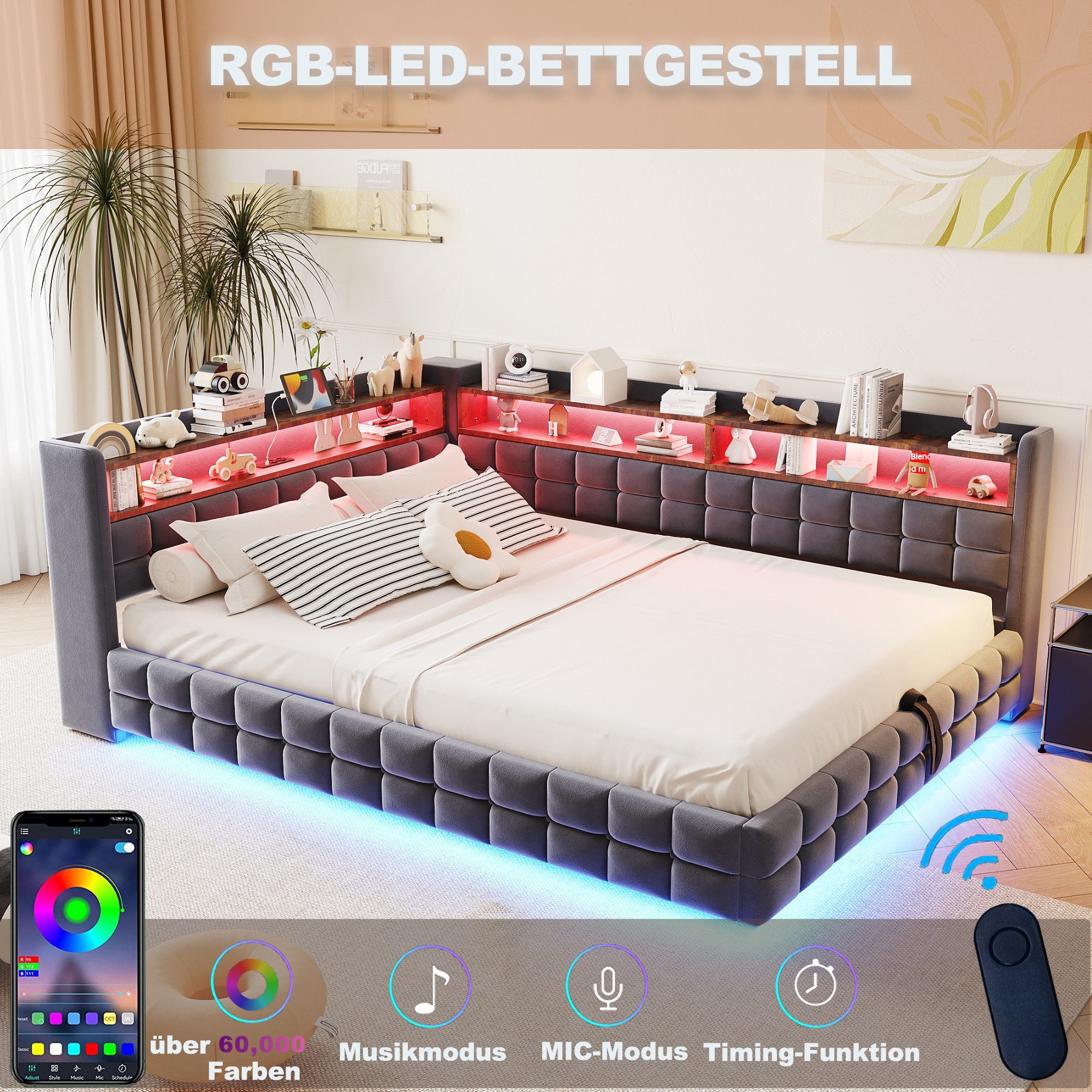 REDOM Schlafsofa Hydraulischer Stauraum, LED-Beleuchtung, USB- & Typ-C-Ladeanschlüsse, Polsterbett Stauraumbett 140x200 cm 1 Teile, Inklusive Matratze