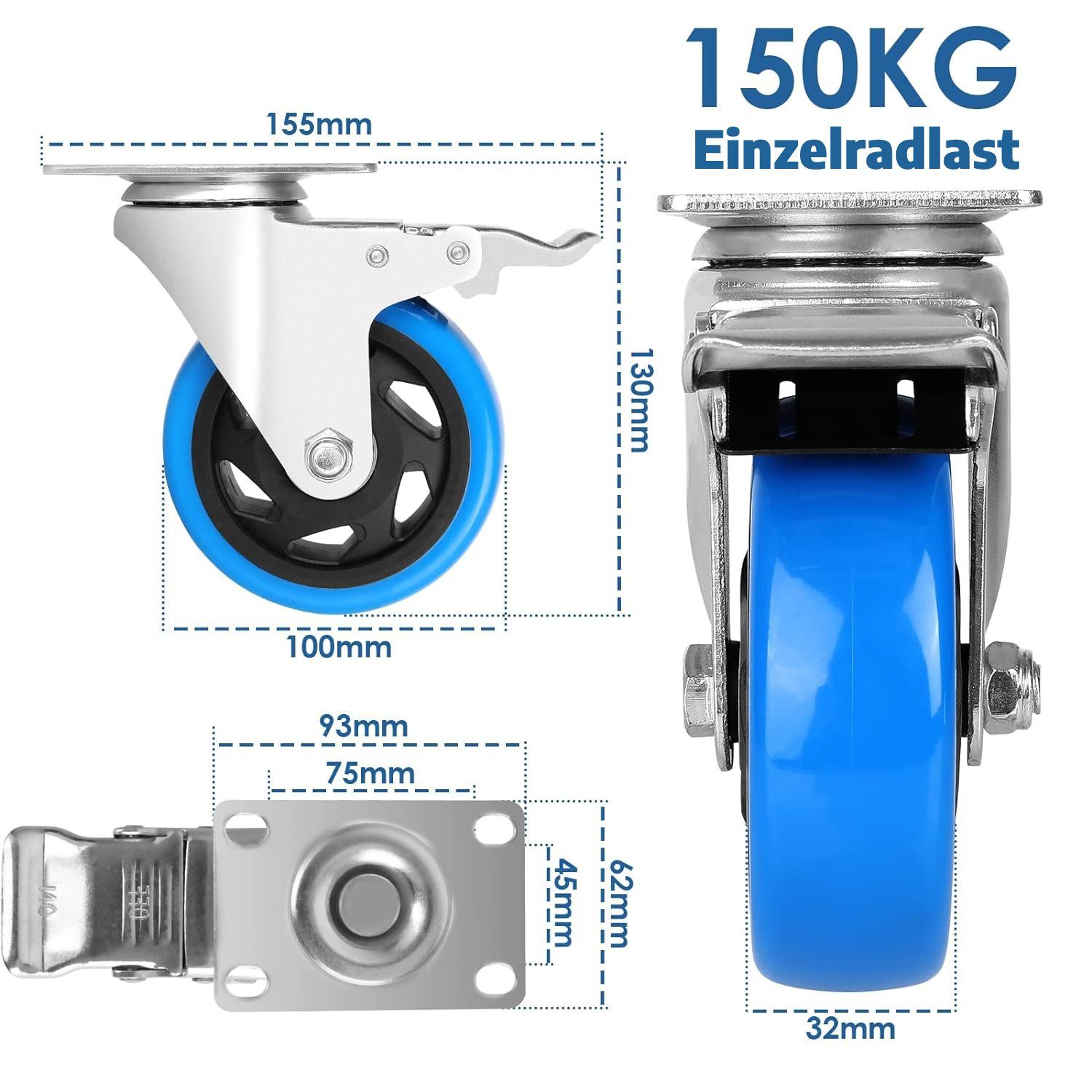 TLGREEN Lenkrolle 4er set Lenkrollen 100mm mit Bremse, (Schwerlastrollen Tragkraft 600 kg, keine Spuren & Leise Rollen für Möbel), Transportrollen für Werkzeugt – Bild 5 von 5