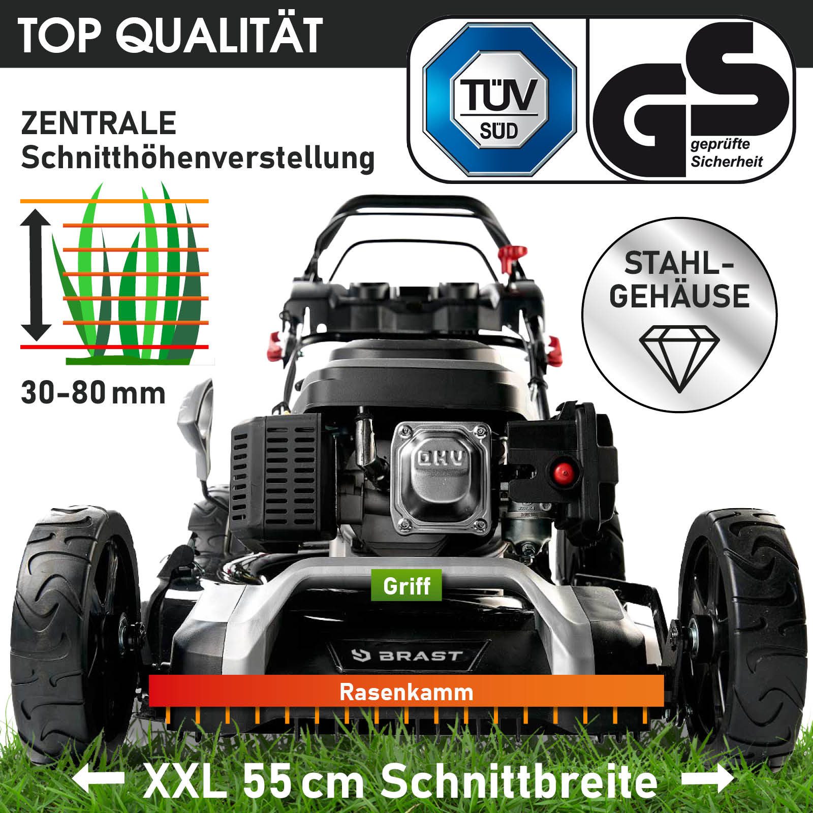 BRAST Benzinrasenmäher mit Antrieb 5,2kW (7PS) inkl. Motoröl, TÜV, 55 cm Schnittbreite, 60L Fangkorb, 4 Takt OHV Motor, Stahlgehäuse, ESTART SPEED – Bild 5 von 5