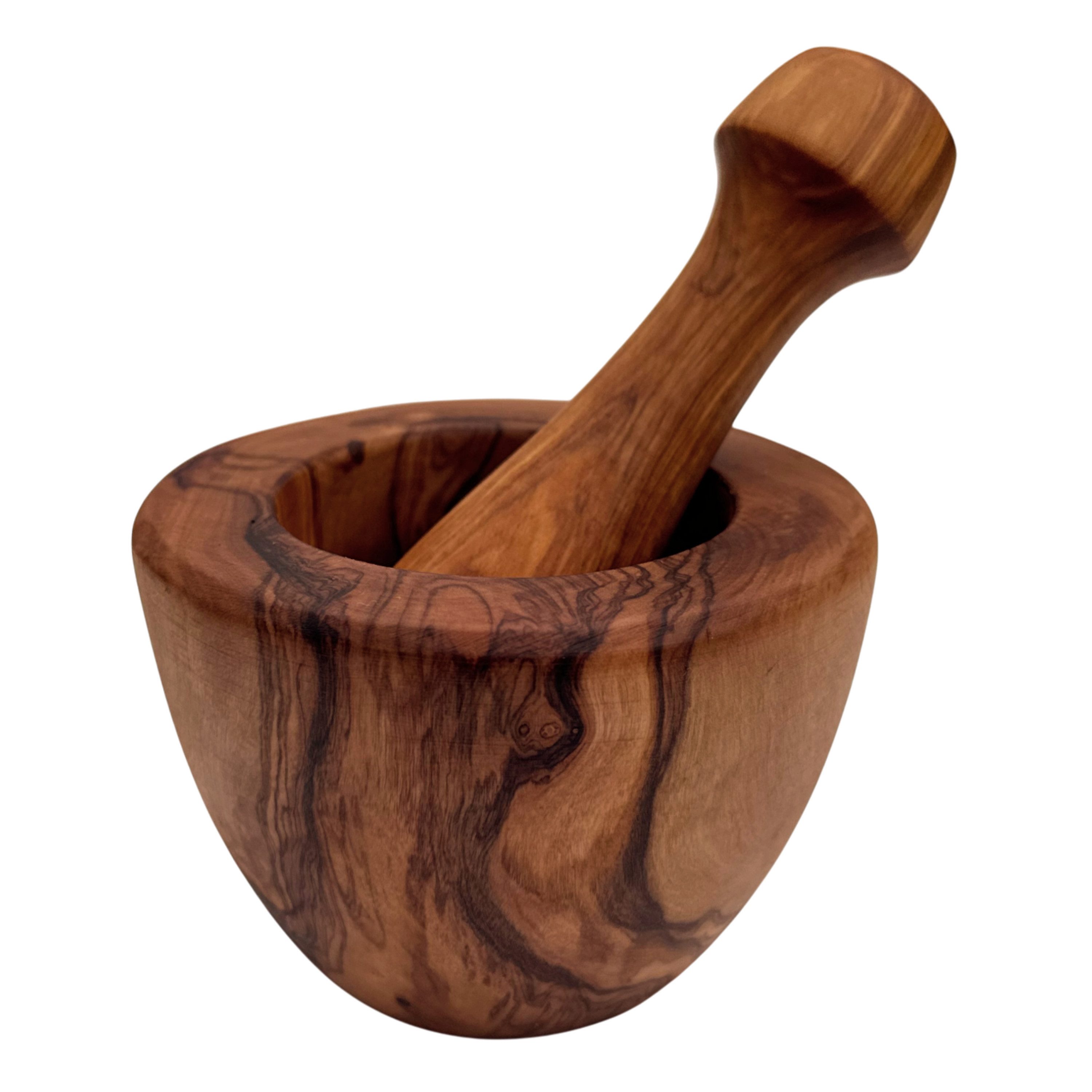 medina mood Mörser mit Stößel "SpicePress" abgeflacht aus Olivenholz, Besonders robust, ideal zum Mahlen von Gewürzen, Kräutern und Nüssen