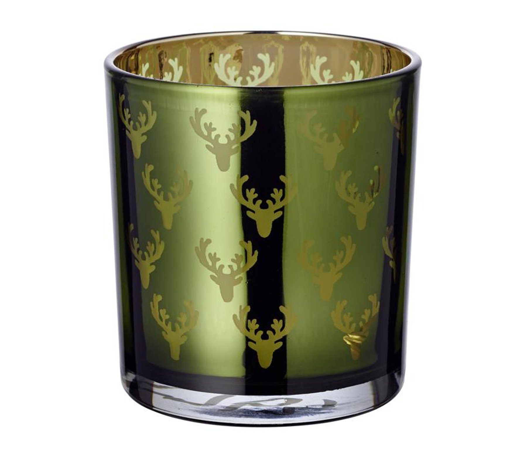 EDZARD Windlicht Dirk, 2er-Set, Glas, Hirsch-Motiv, grün und gold, H 8 cm, Ø 7 cm