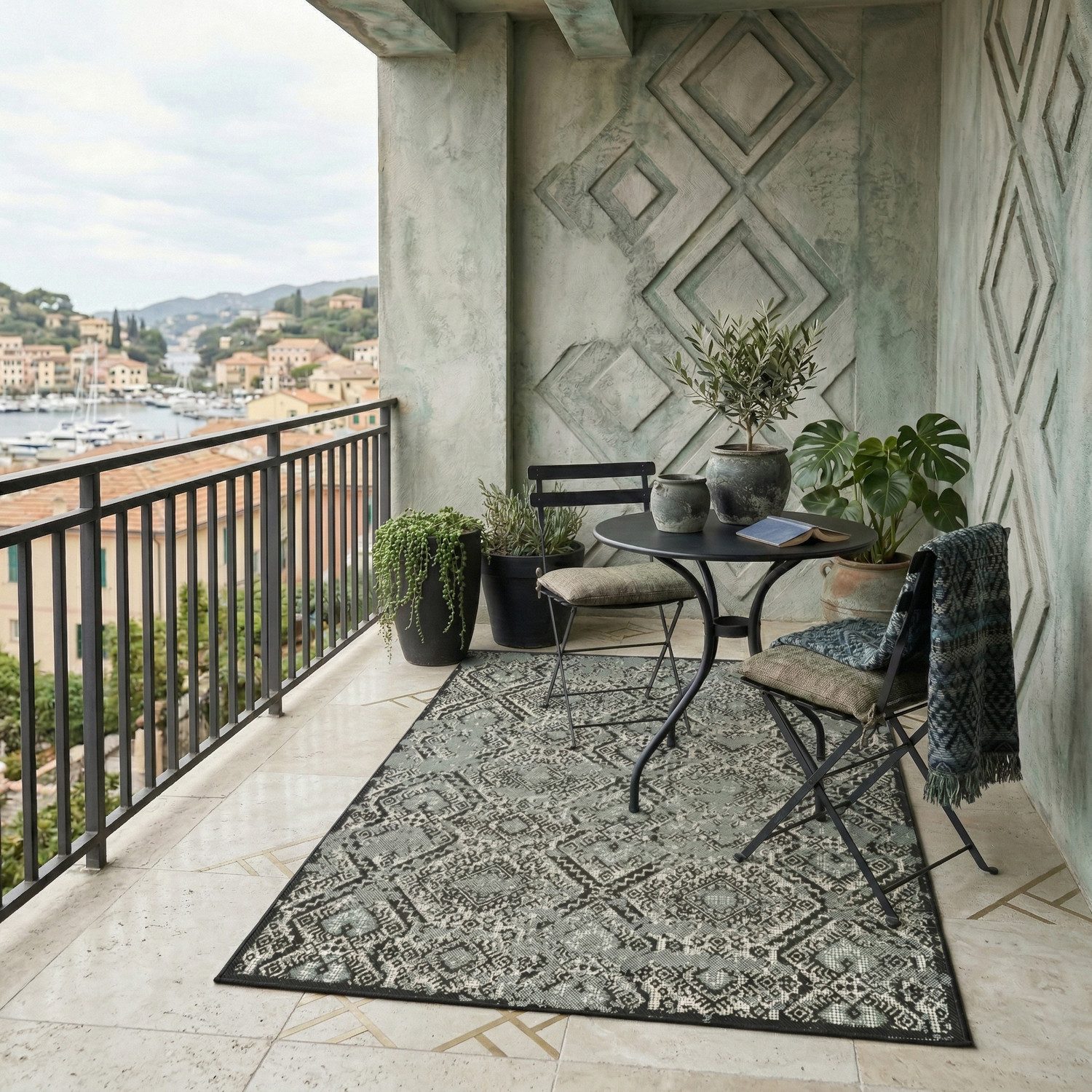 Vimoda Outdoorteppich Teppich In- und Outdoor Rauten Design in Schwarz, Rechteckig, Höhe: 5 mm, Läufer Balkon passt als Küchenteppich