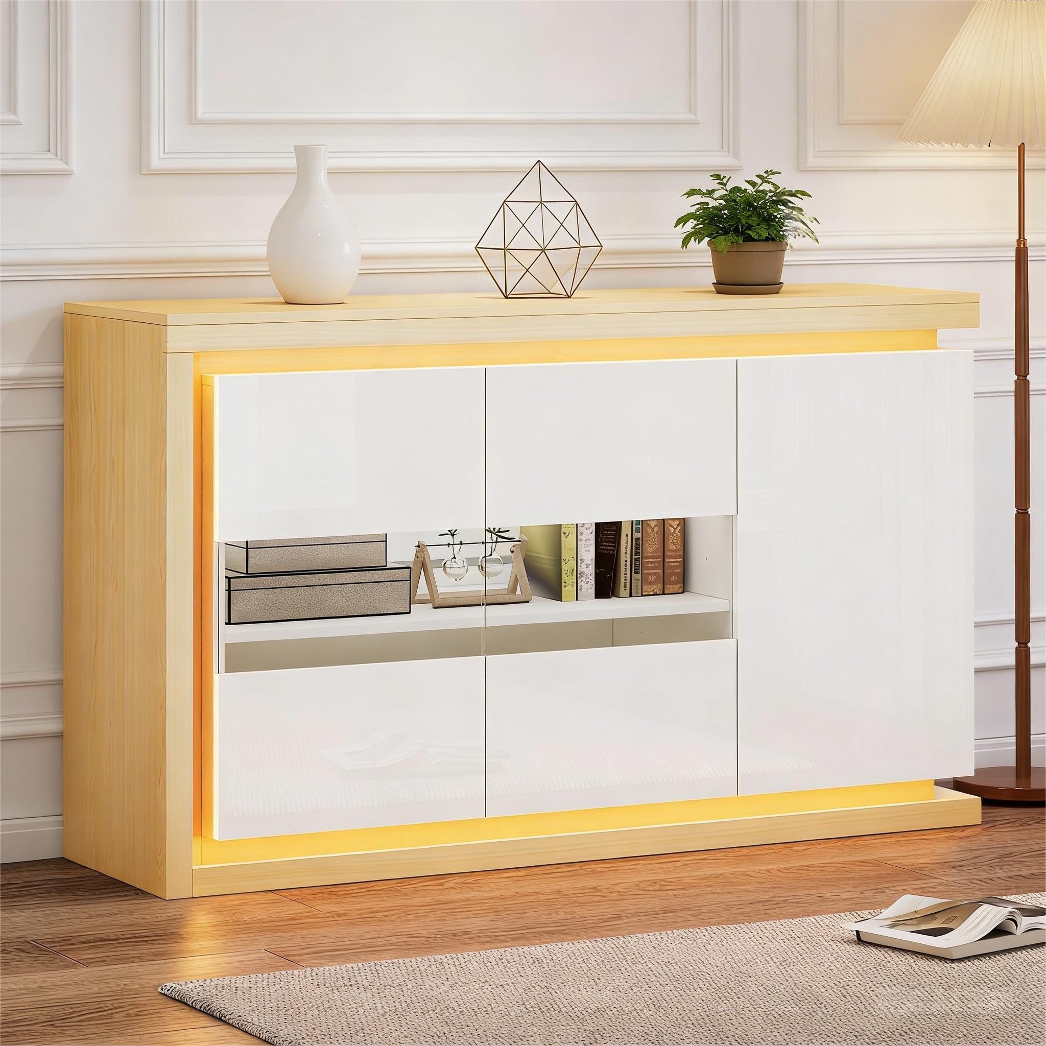Merax Sideboard hochglanz Beistellschrank Kommode mit LED-Beleuchtung (1 St), Wohnzimmerschrank mit 3 Türen, Trennwand & Stauraum, 140x40x84cm