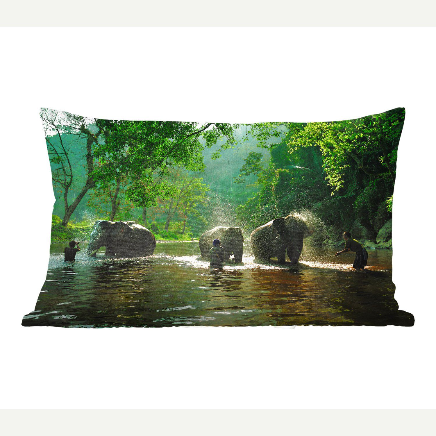 Dekoration, Wasser Wohzimmer Grün mit Tiere, Dekokissen Zierkissen, MuchoWow - - Schlafzimmer - Elefant Bäume Dekokissen Füllung, -