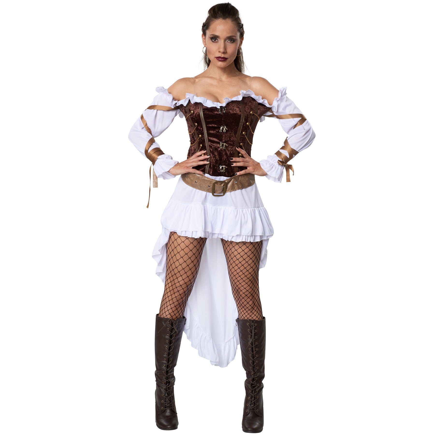 dressforfun Kostüm Frauenkostüm Woman-Steampunk Palastwache, Schulterloses Satinkleid mit unterschiedlich lang geschnittenem Rock